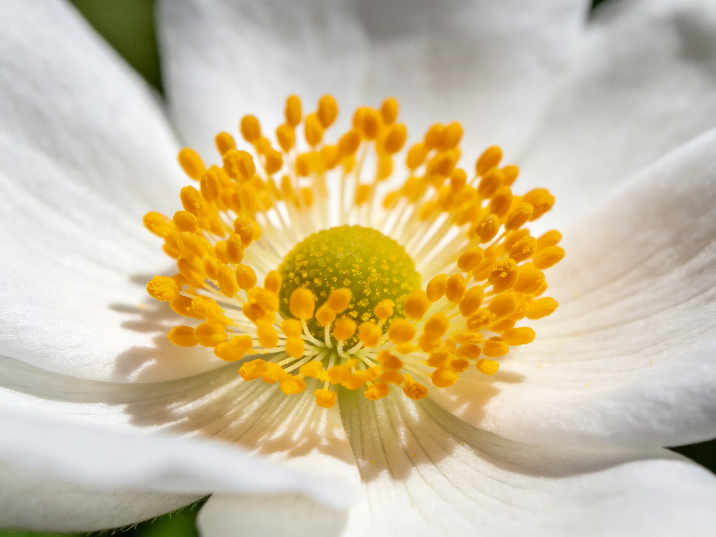 A close - up of a white flower with numerous yellow stamens