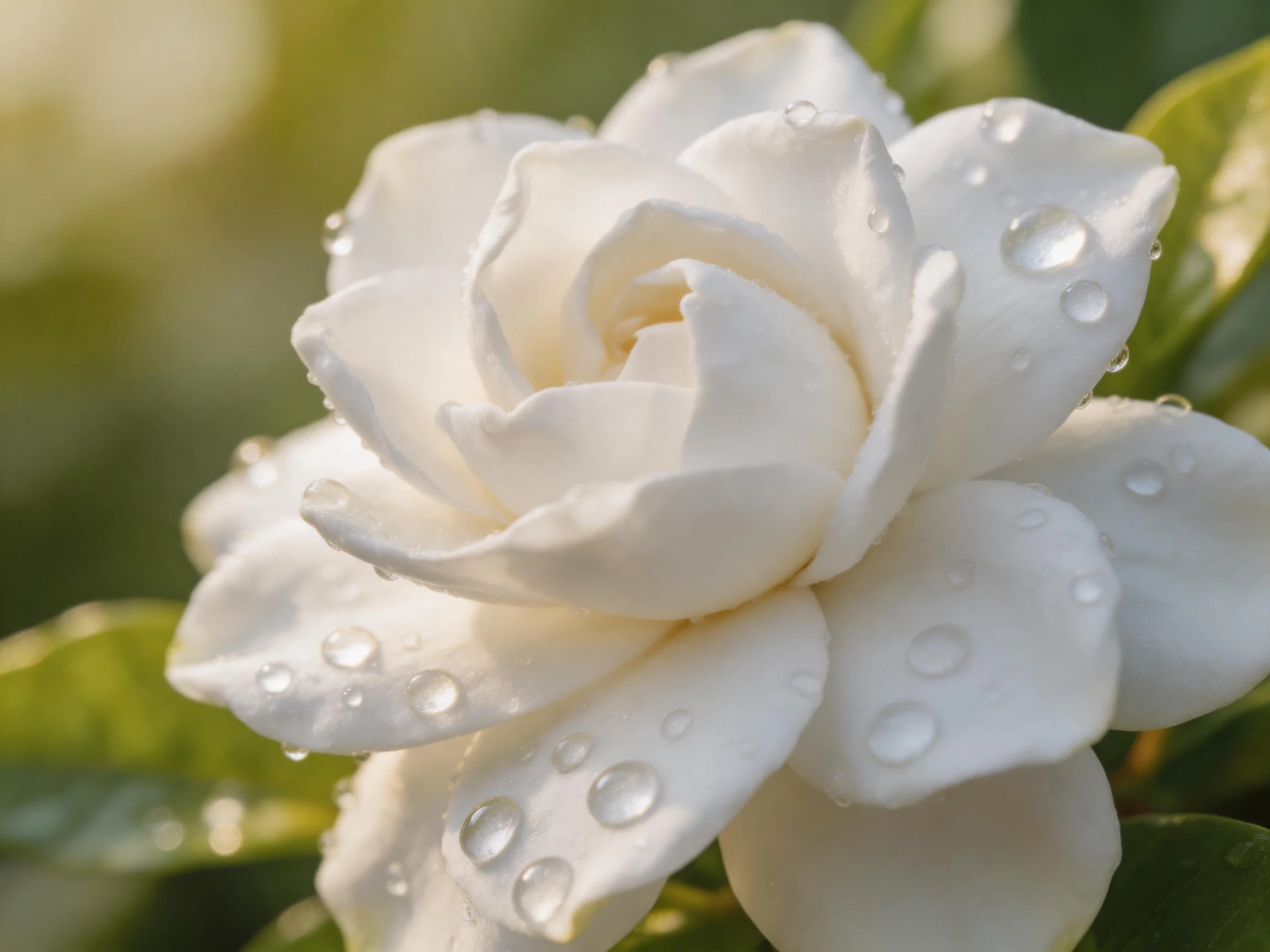 A close - up of a white gardenia with glistening dewdrops