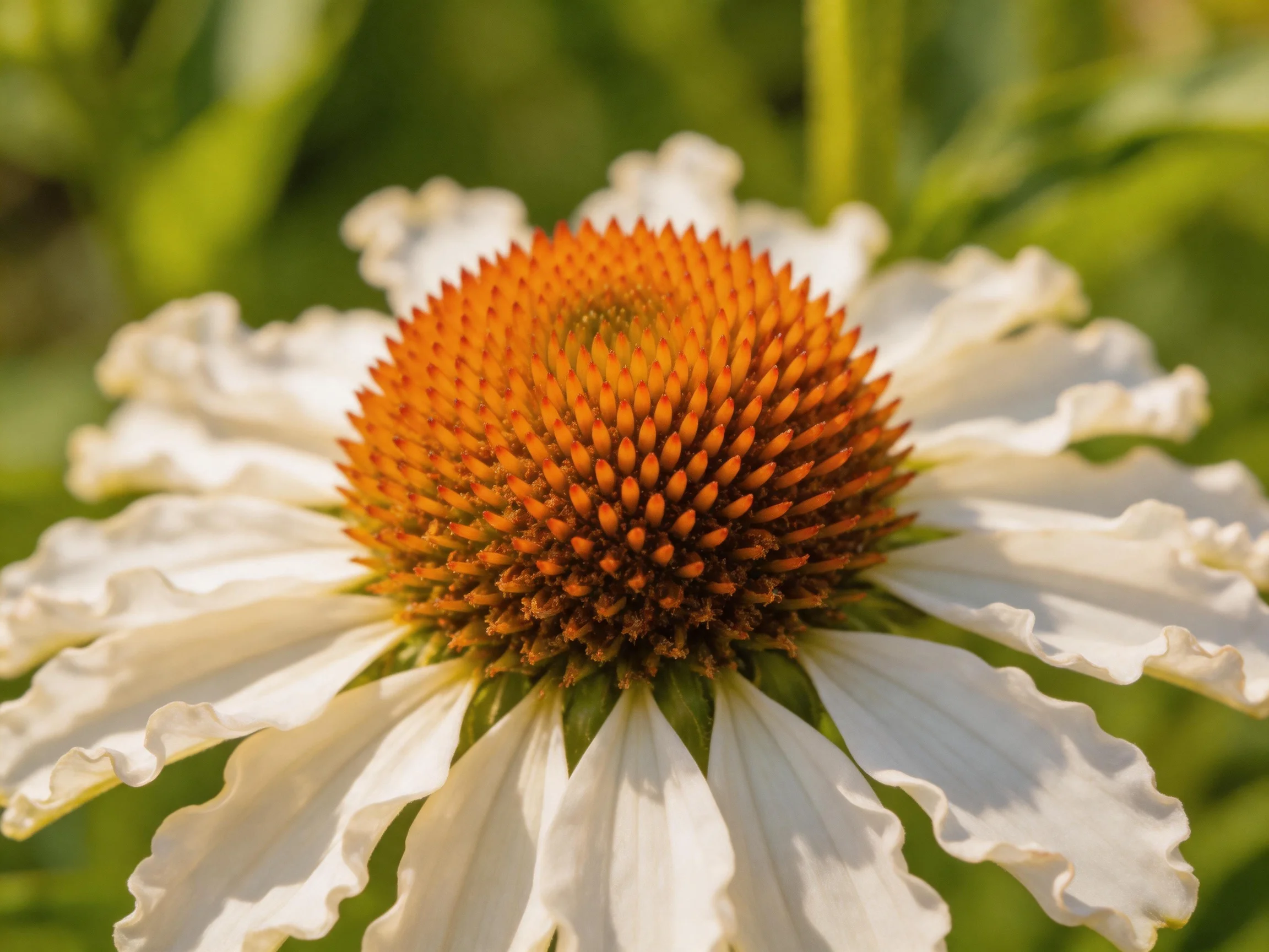 A white-petaled flower with an orange-brown central cone is shown in close-up detail.