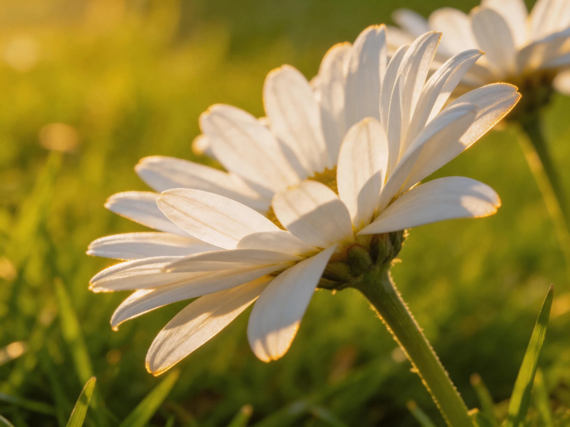 A close - up of white daisies blooming in lush green grass under golden sunlight