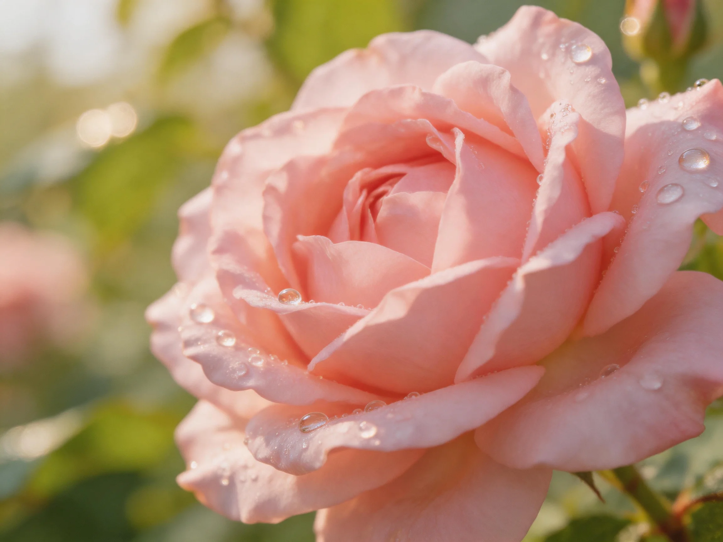 A close - up pink rose with glistening dewdrops