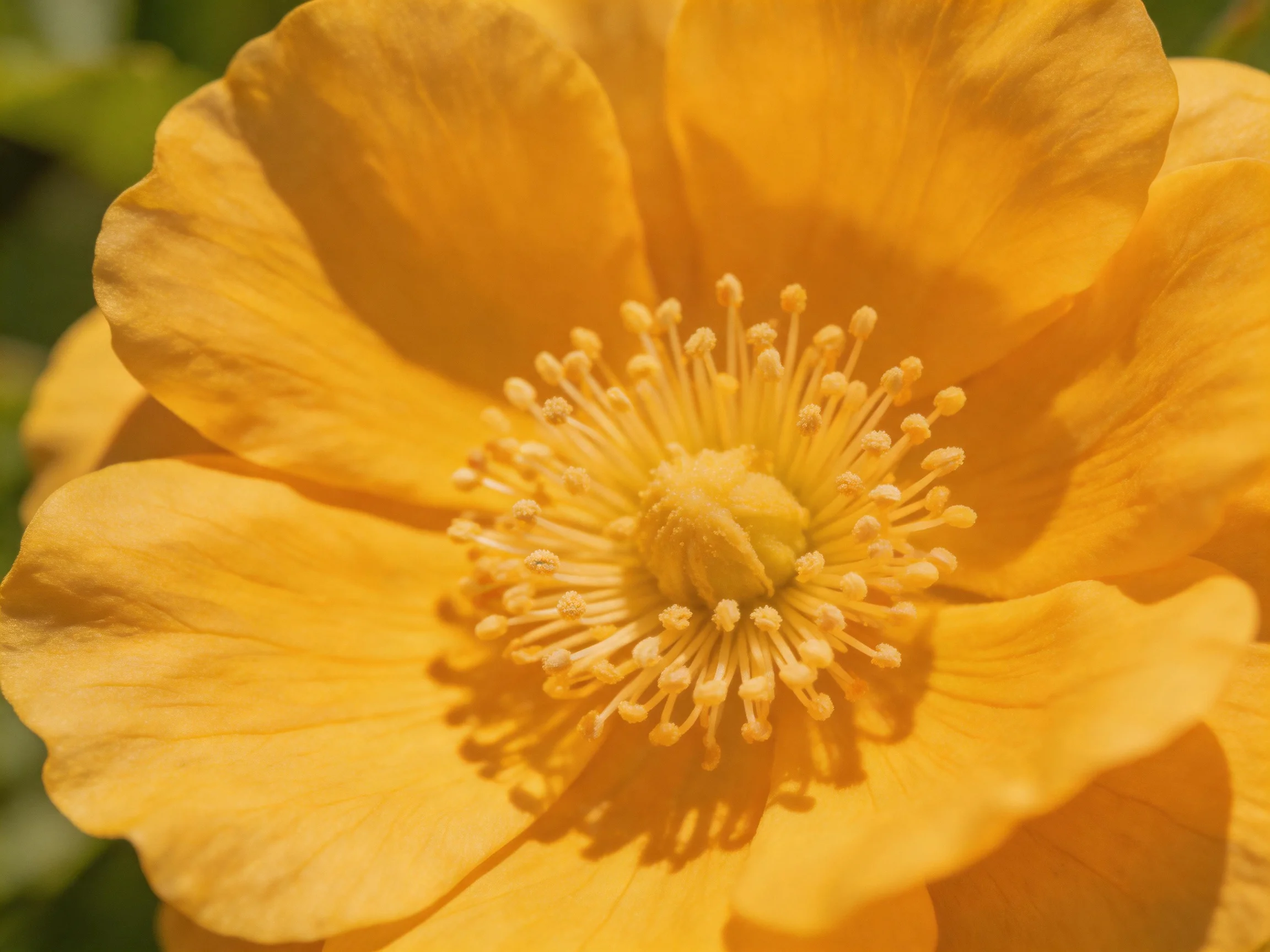 A close-up view of a golden-yellow flower with soft petals and prominent stamens