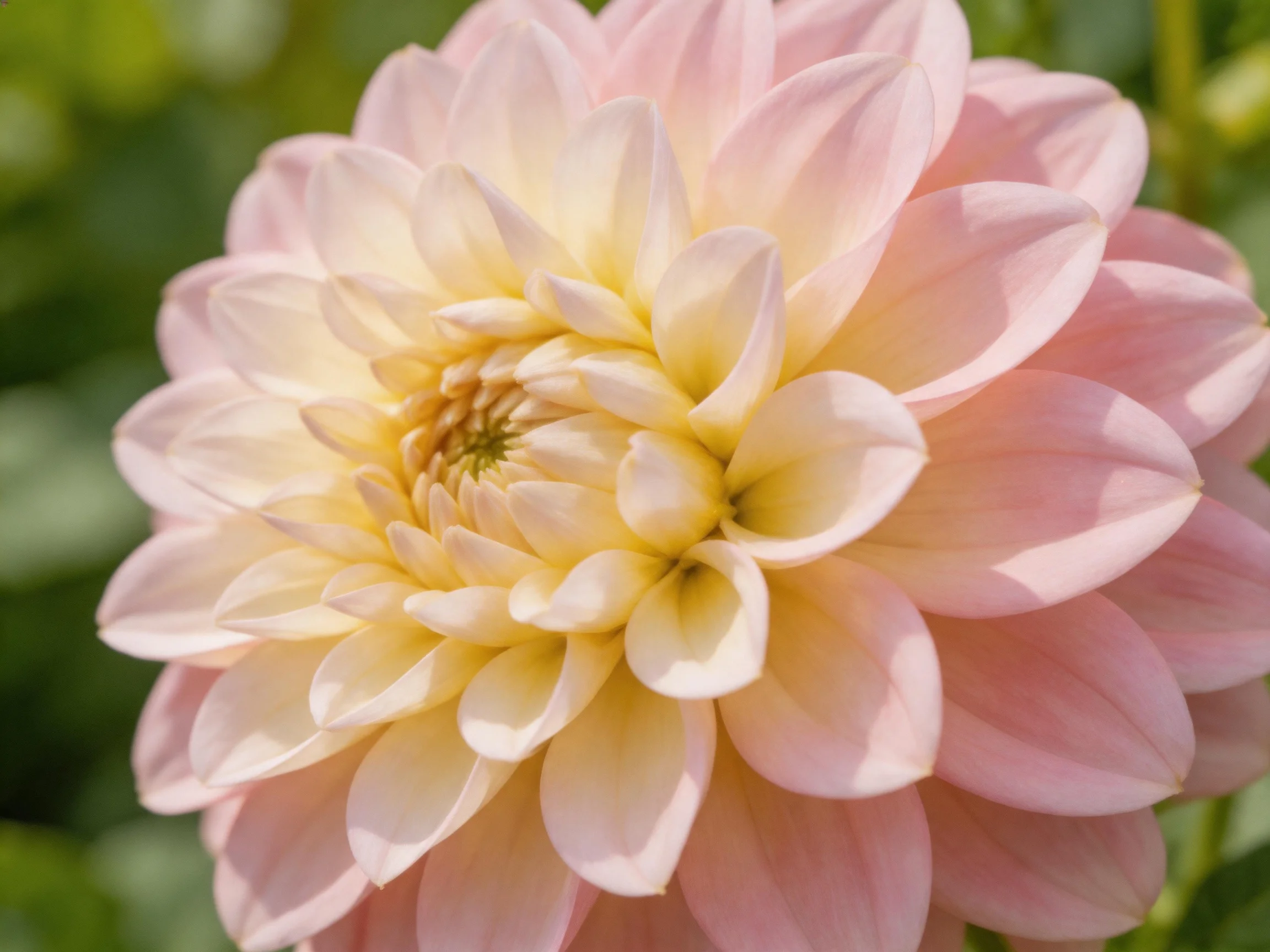 A close - up view of a pink and cream dahlia with layered petals