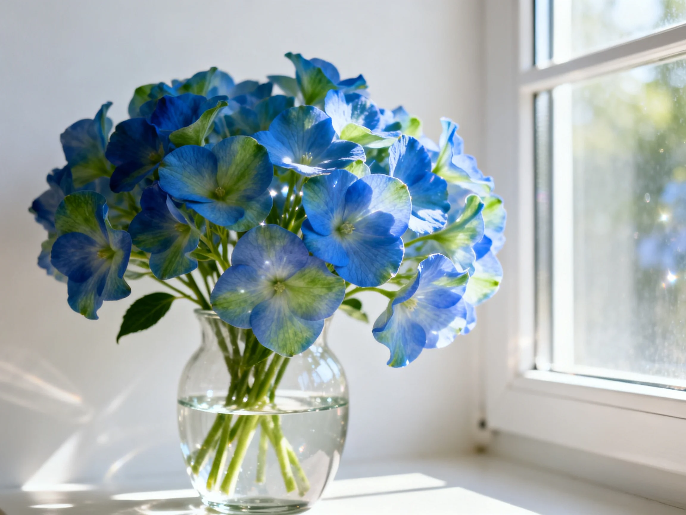A cluster of blue hydrangeas in a glass vase near a bright window