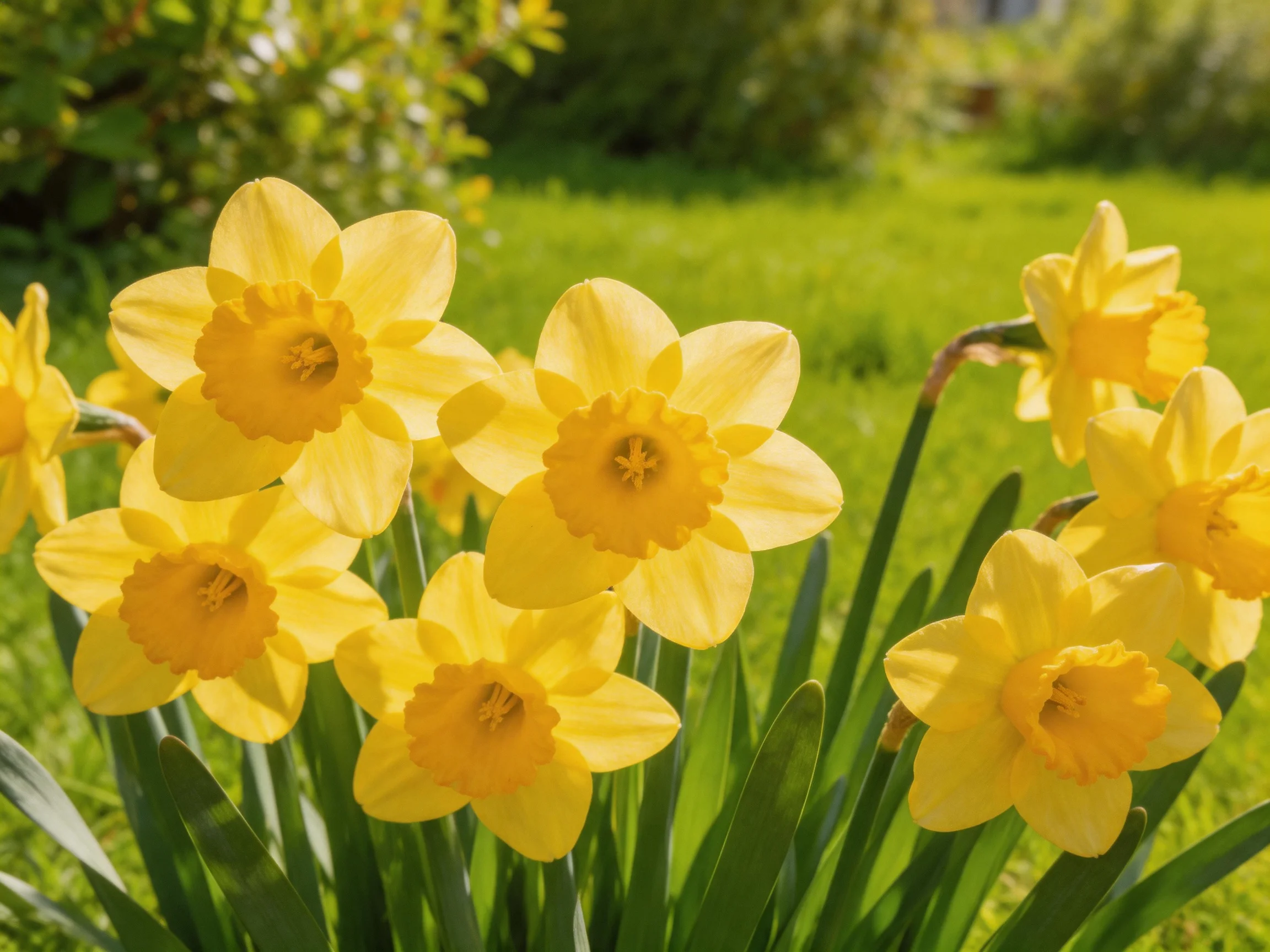 A cluster of bright yellow daffodils blooms in sunlit garden