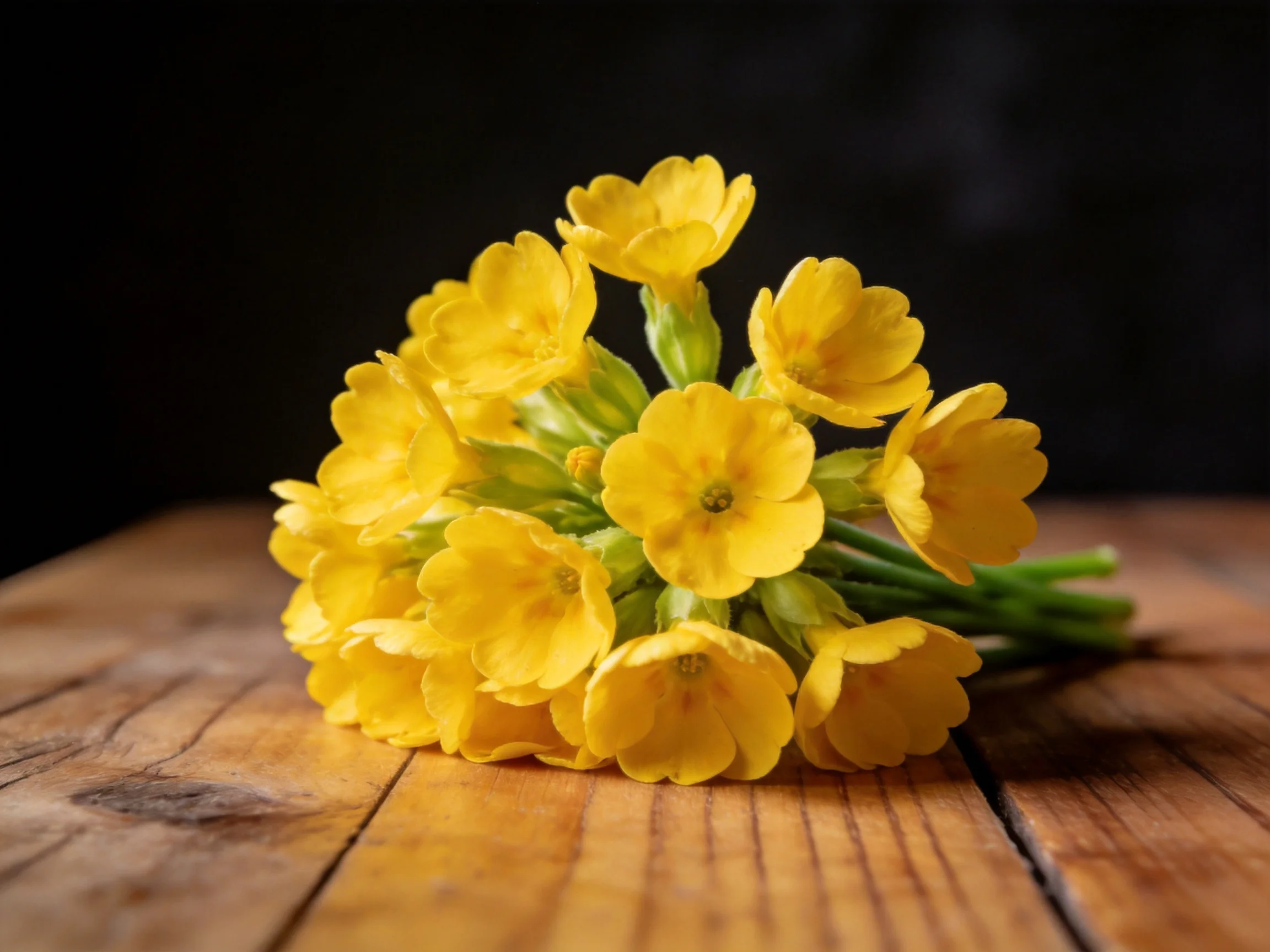 A cluster of bright yellow primrose blooms on a rustic wooden table
