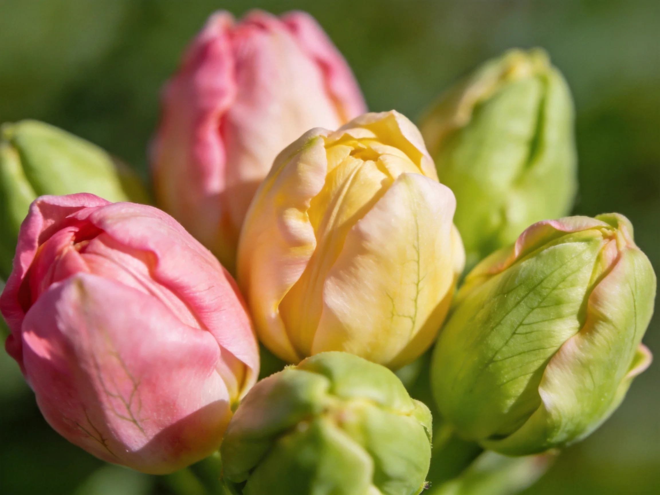 A cluster of colorful tulip buds in pink, yellow, and green hues