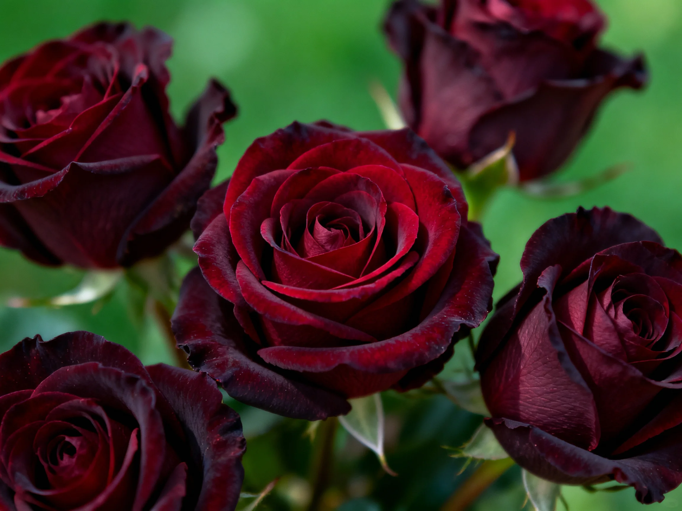 A cluster of dark red roses with glossy petals
