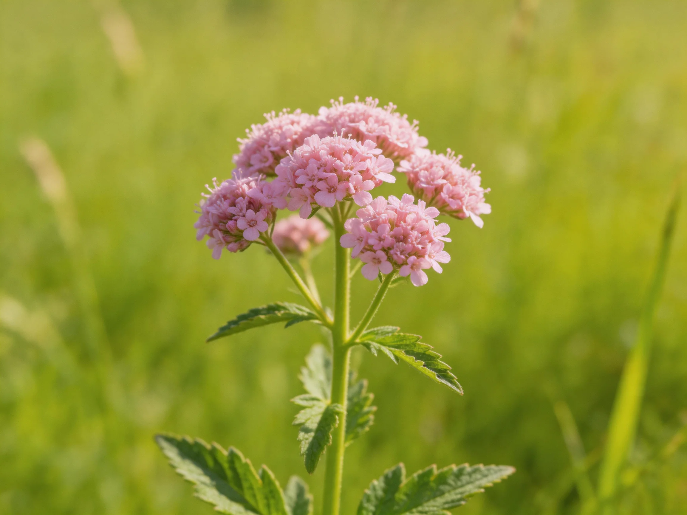 A cluster of delicate pink wildflowers blooms amid lush green foliage
