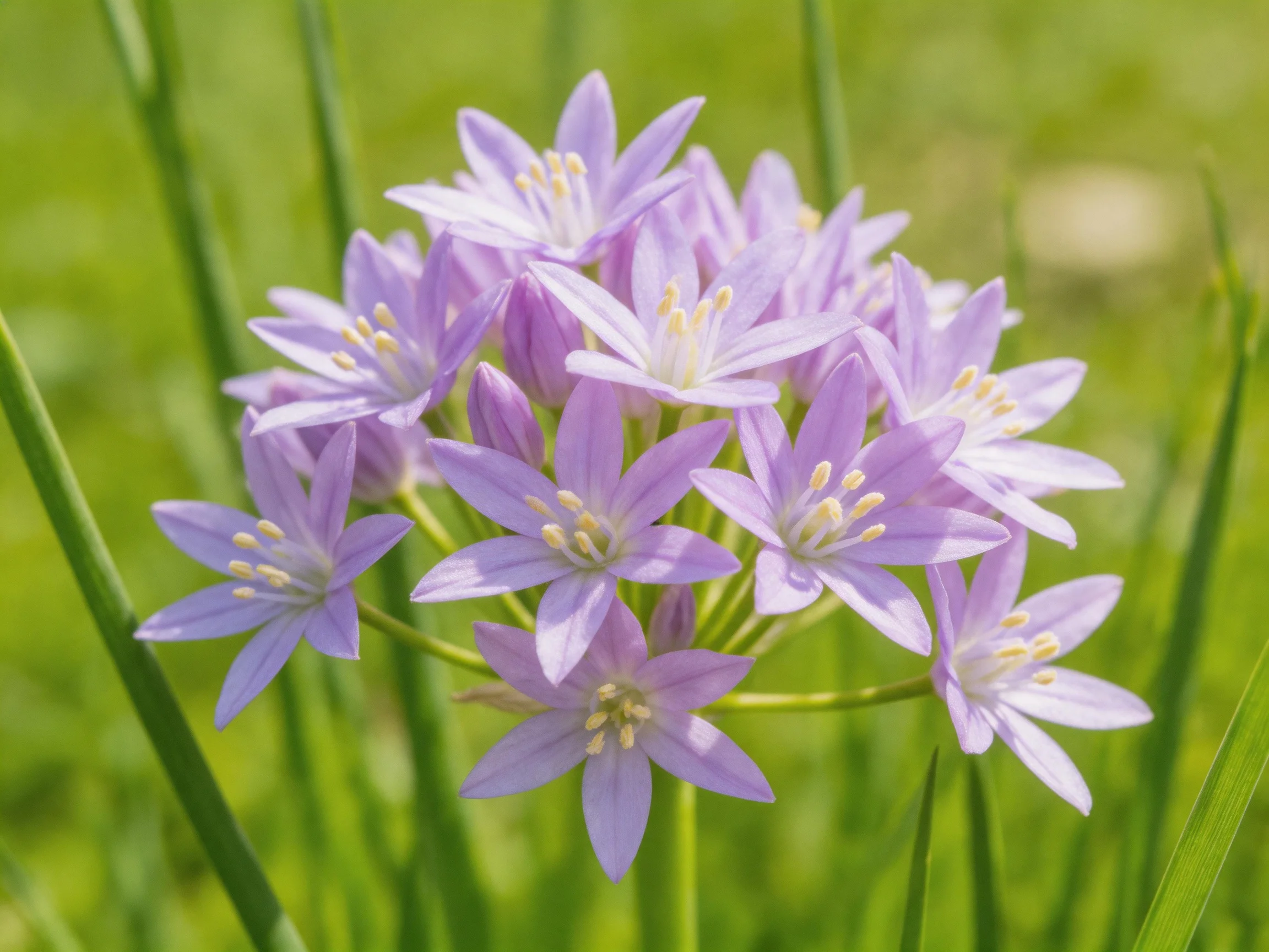 A cluster of delicate purple star - shaped flowers among green foliage