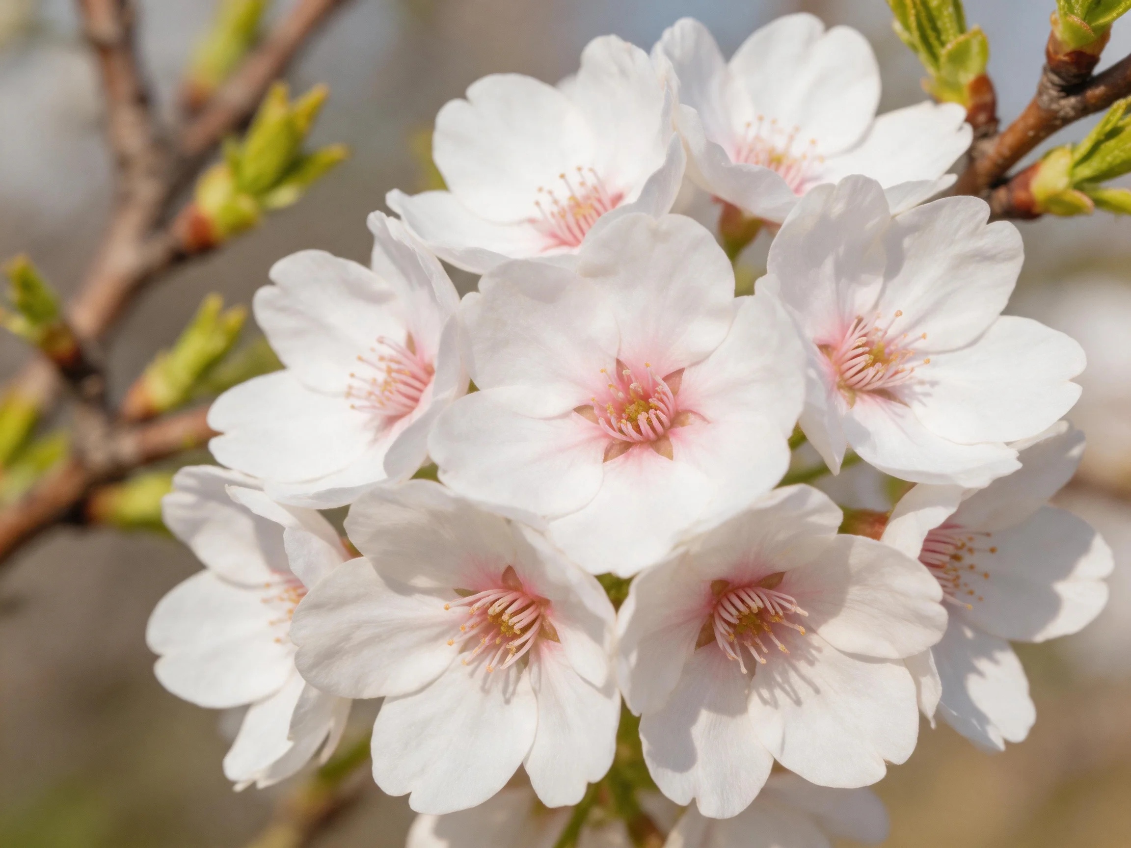 A cluster of delicate white cherry blossoms with soft pink centers