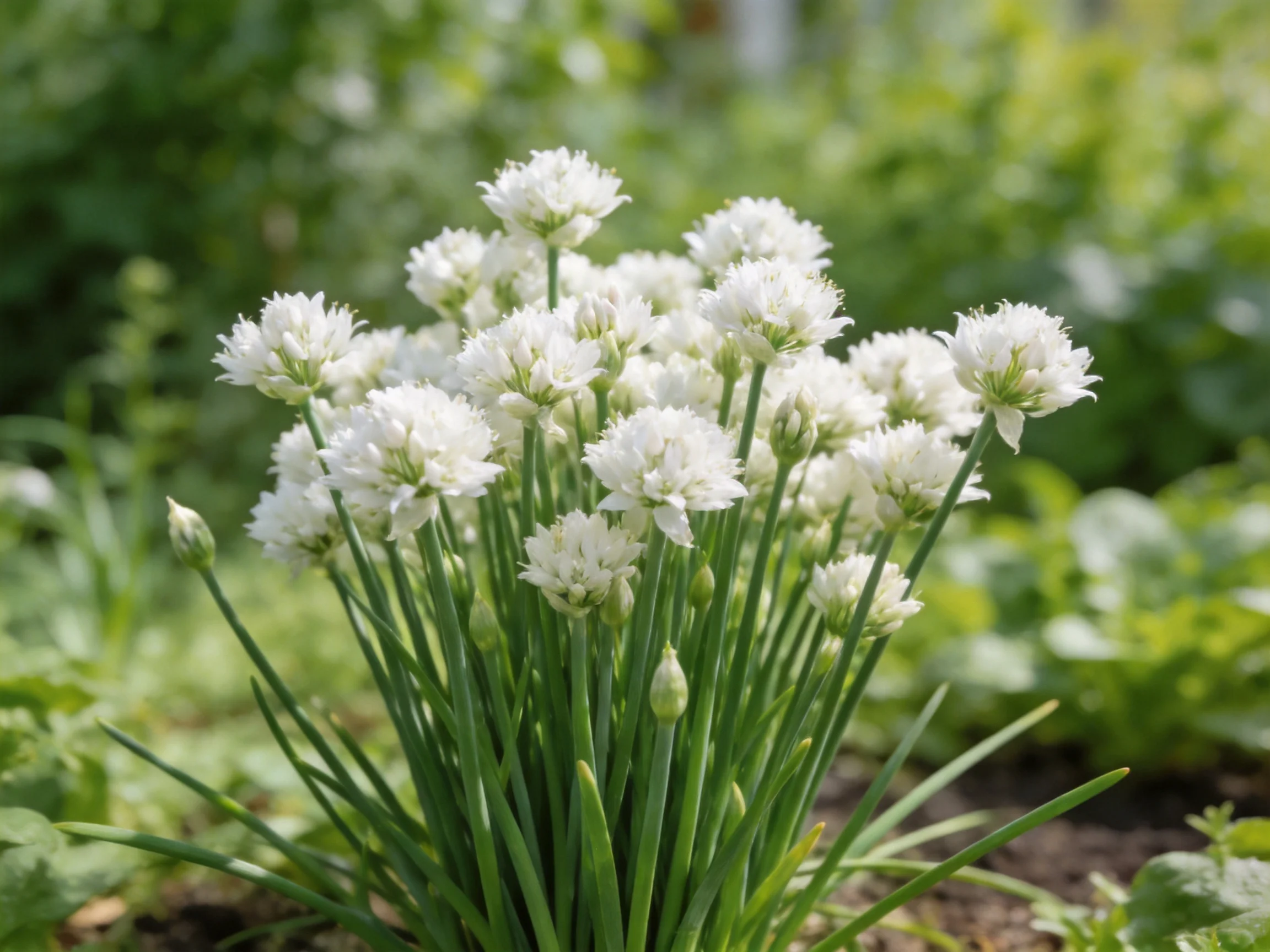 A cluster of delicate white chive blossoms in a lush garden