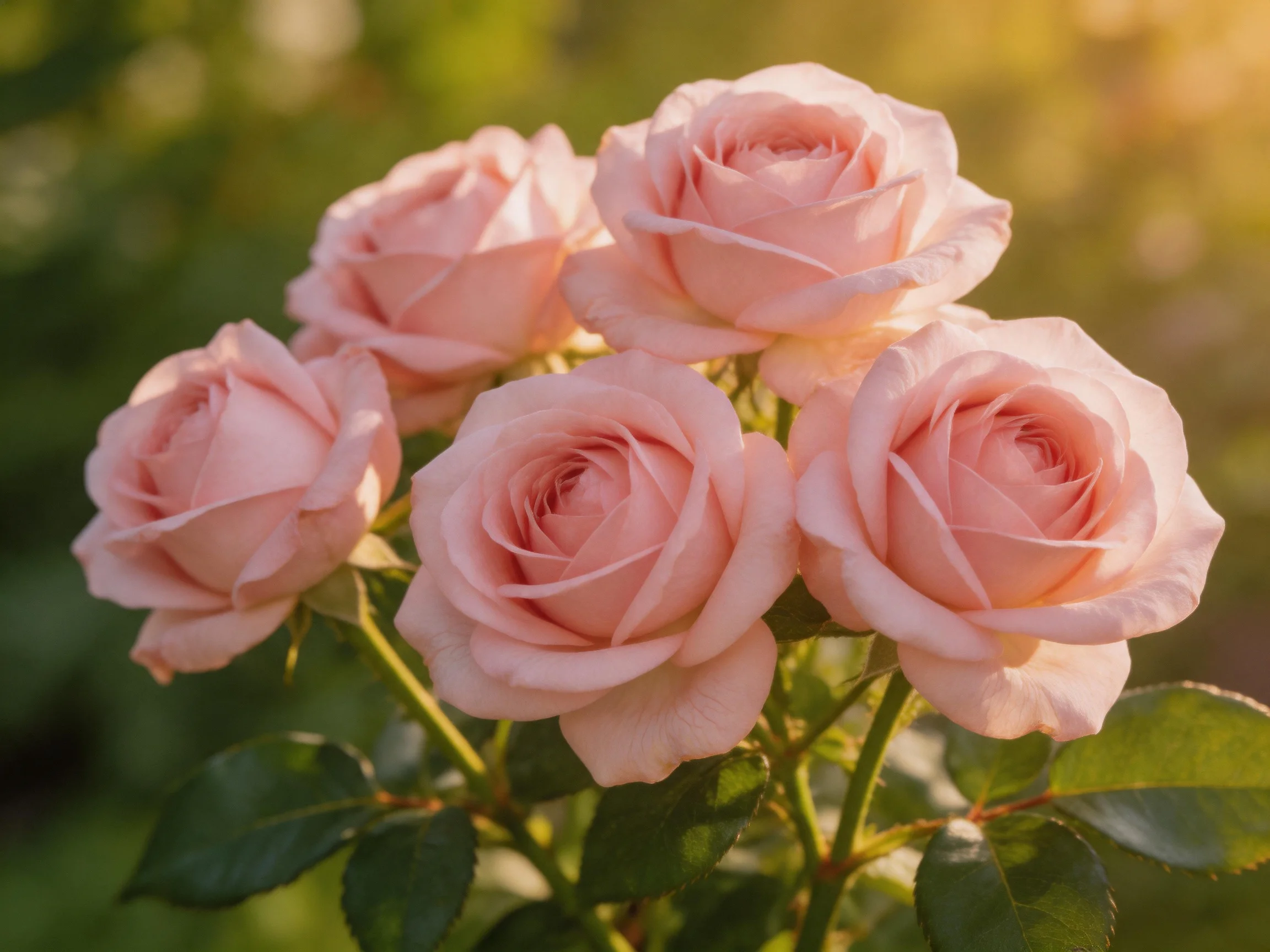 A cluster of five soft pink roses illuminated by golden sunlight