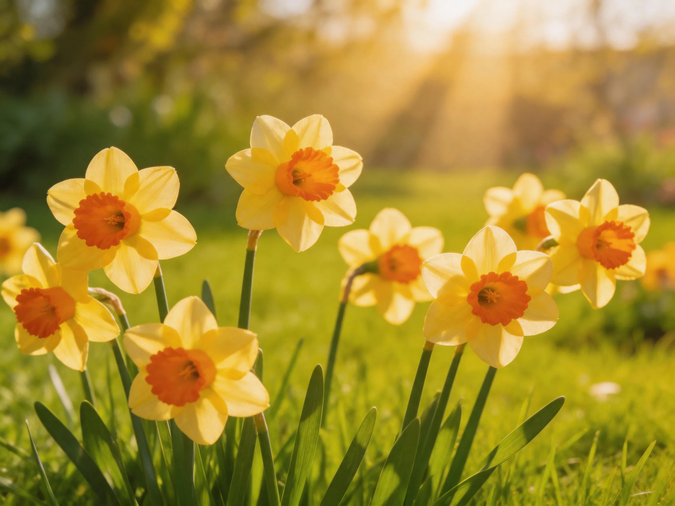 A cluster of golden-yellow daffodils blooms in a sunlit meadow