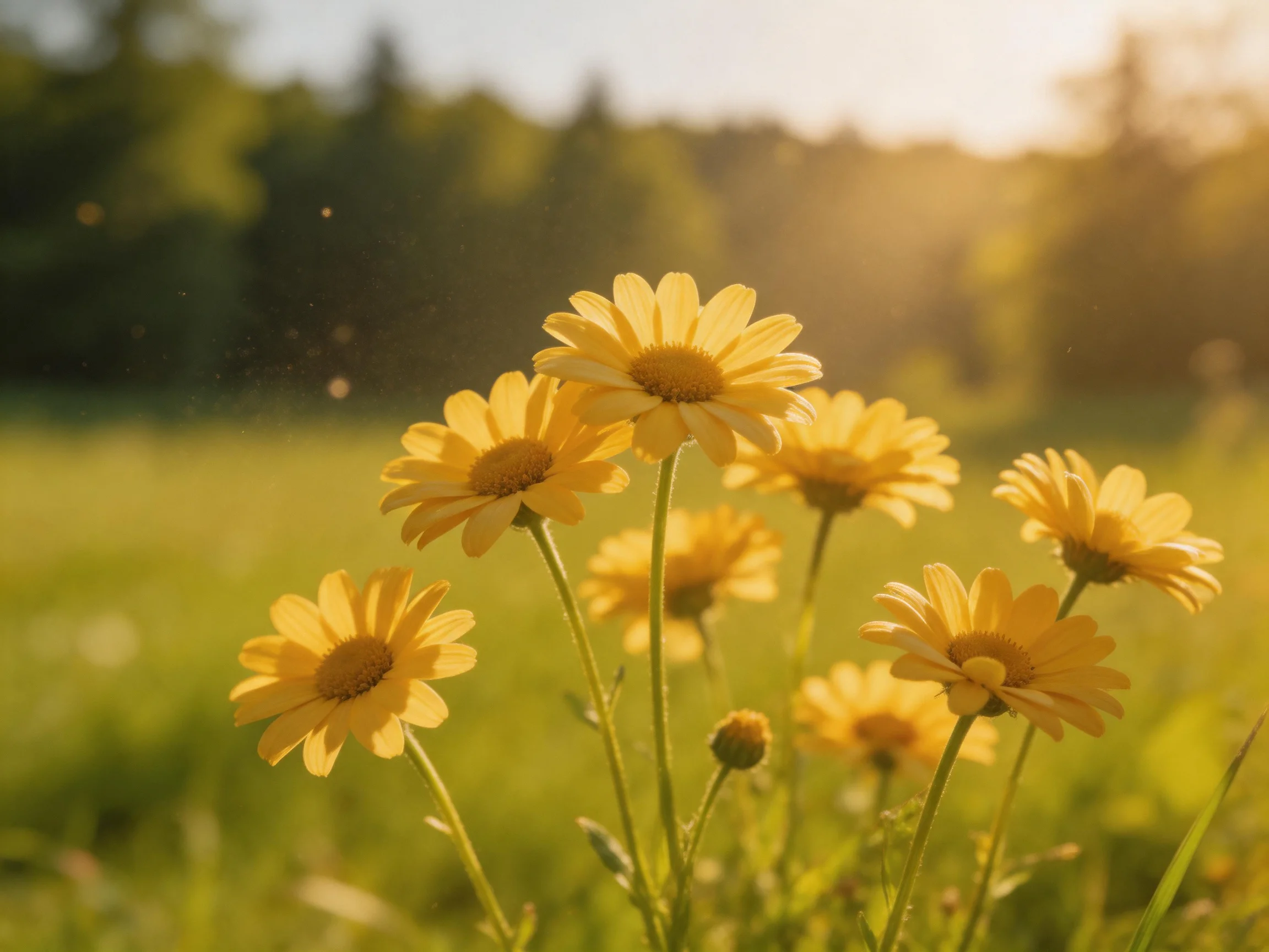 A cluster of golden-yellow daisies blooms in a sunlit meadow