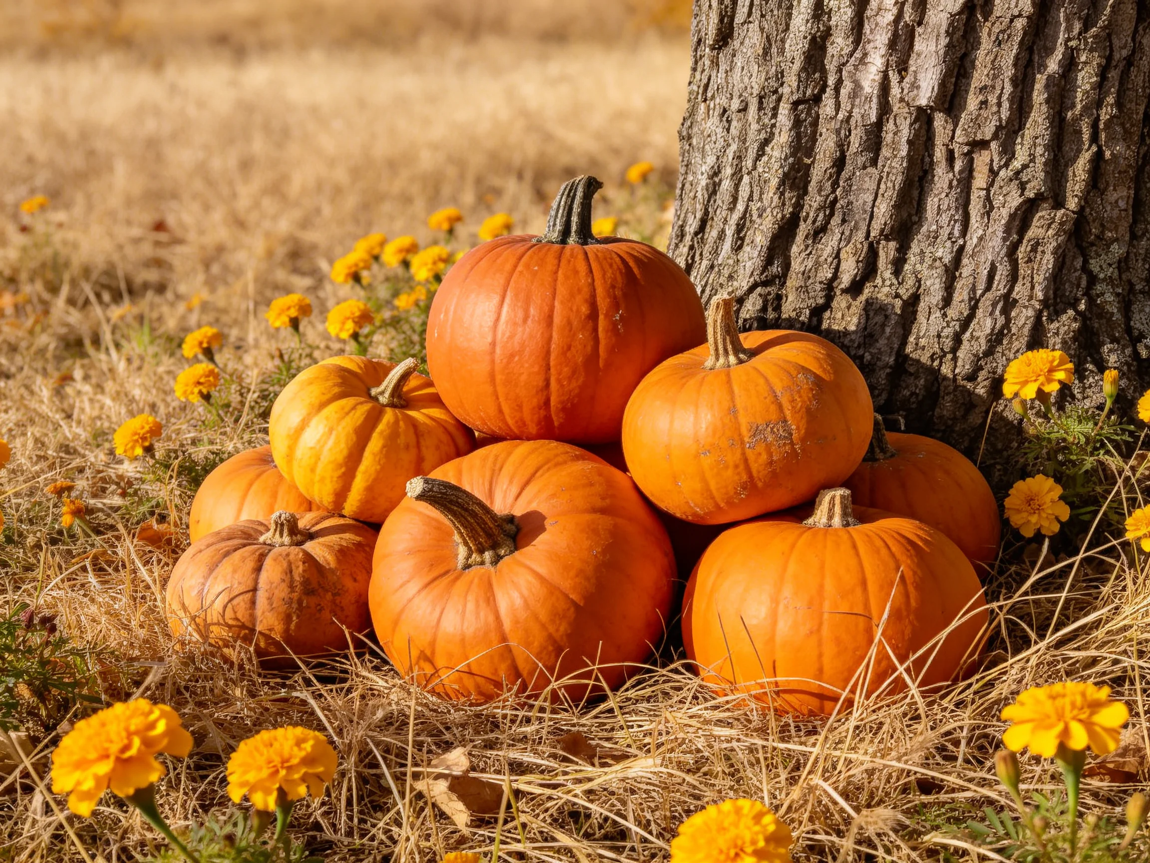 A cluster of orange pumpkins near a large tree with yellow flowers