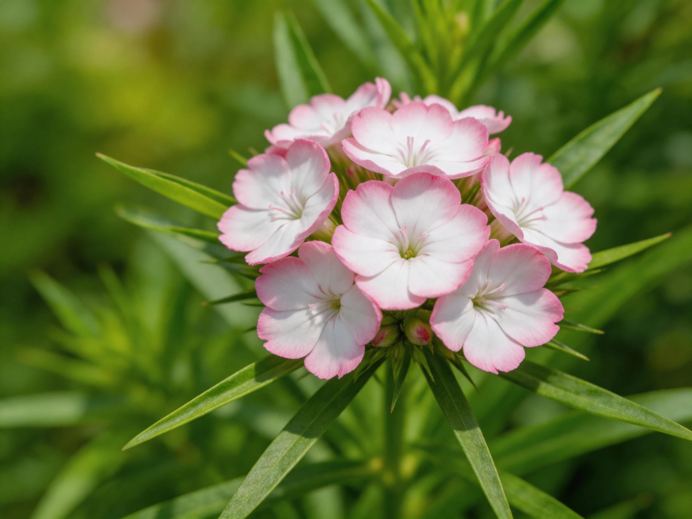 A cluster of pink-edged white flowers with slender green leaves