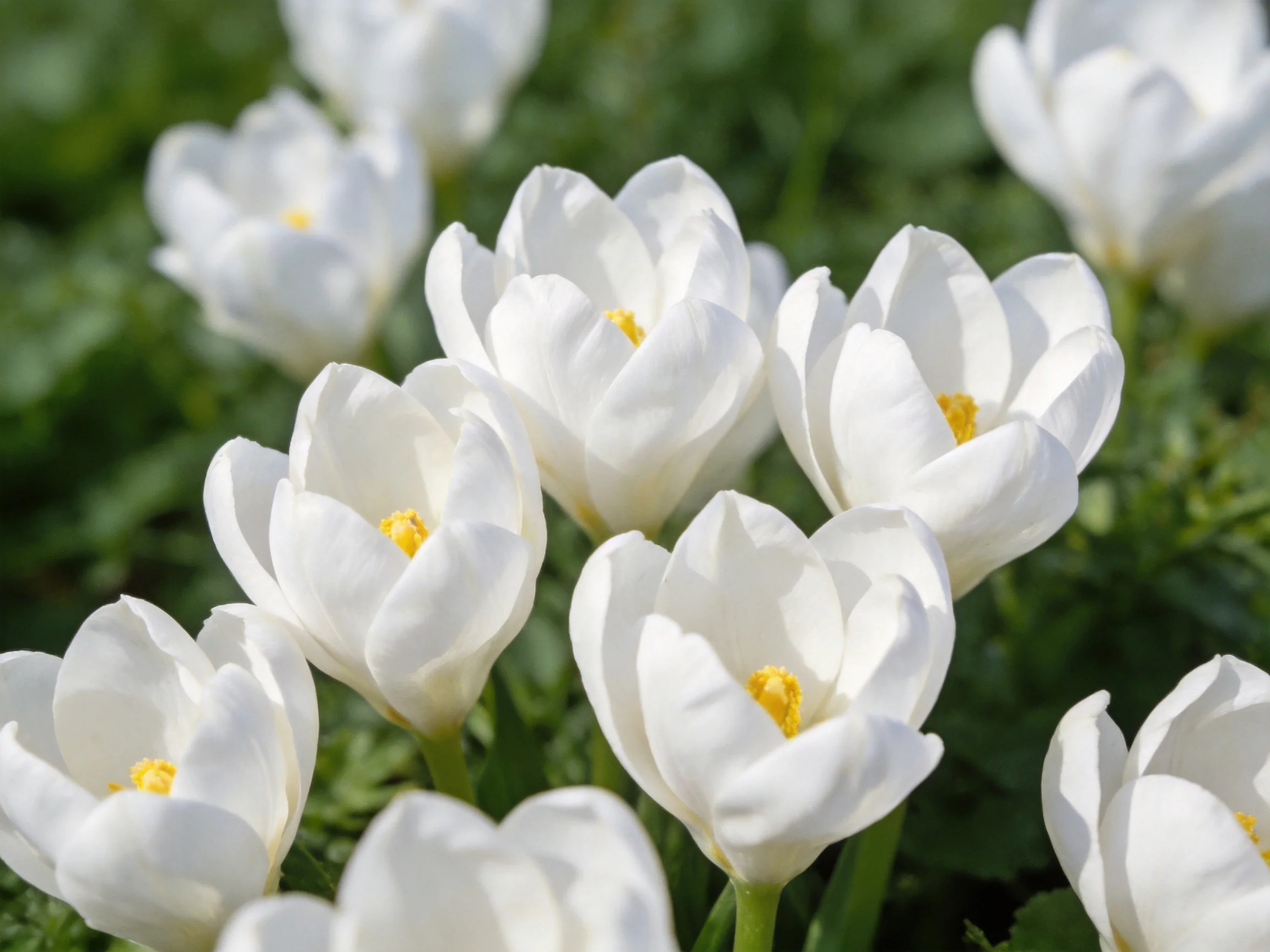 A cluster of pristine white crocus blooms with golden centers
