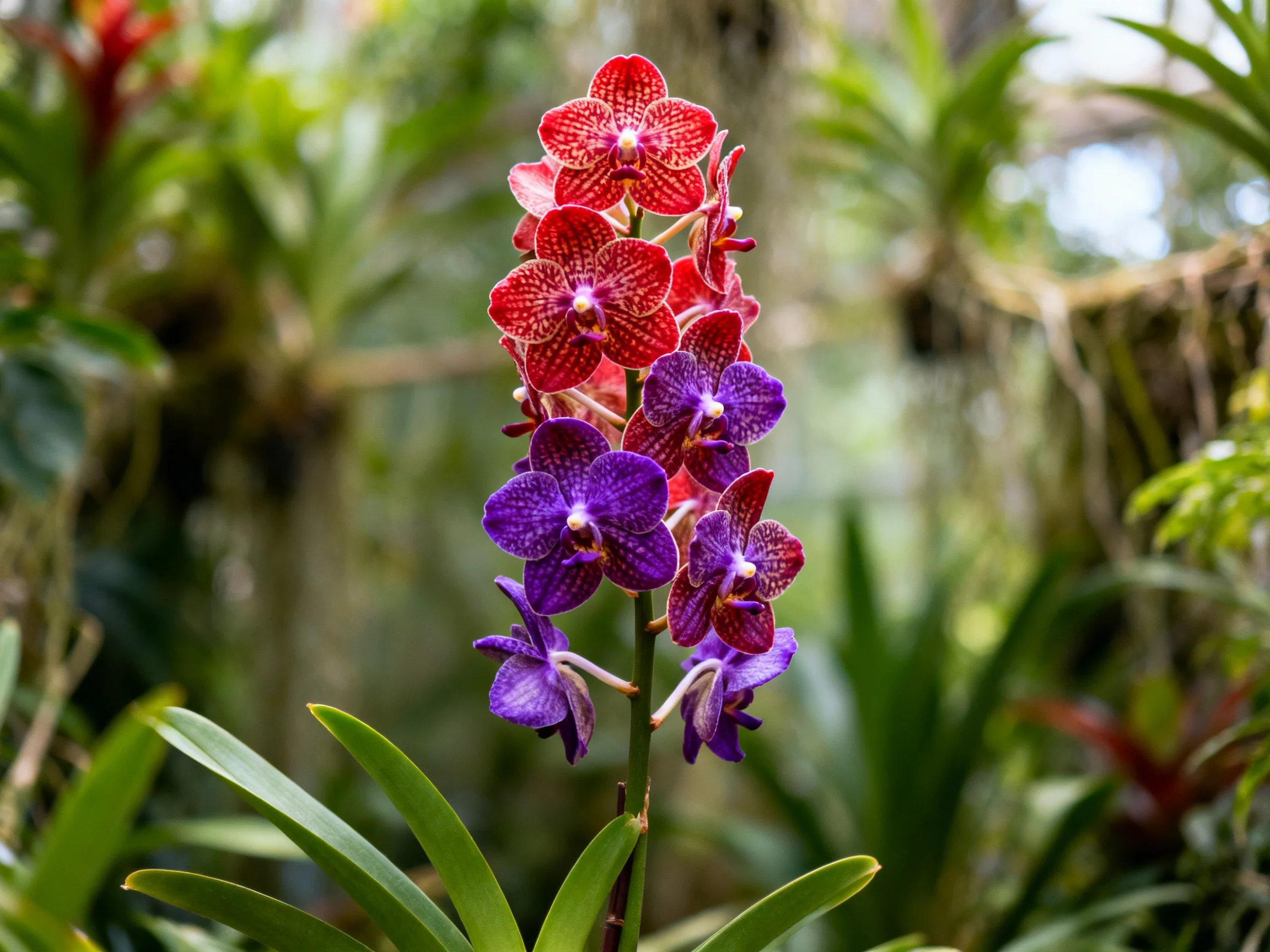 A cluster of red and purple orchid blooms amidst lush green foliage