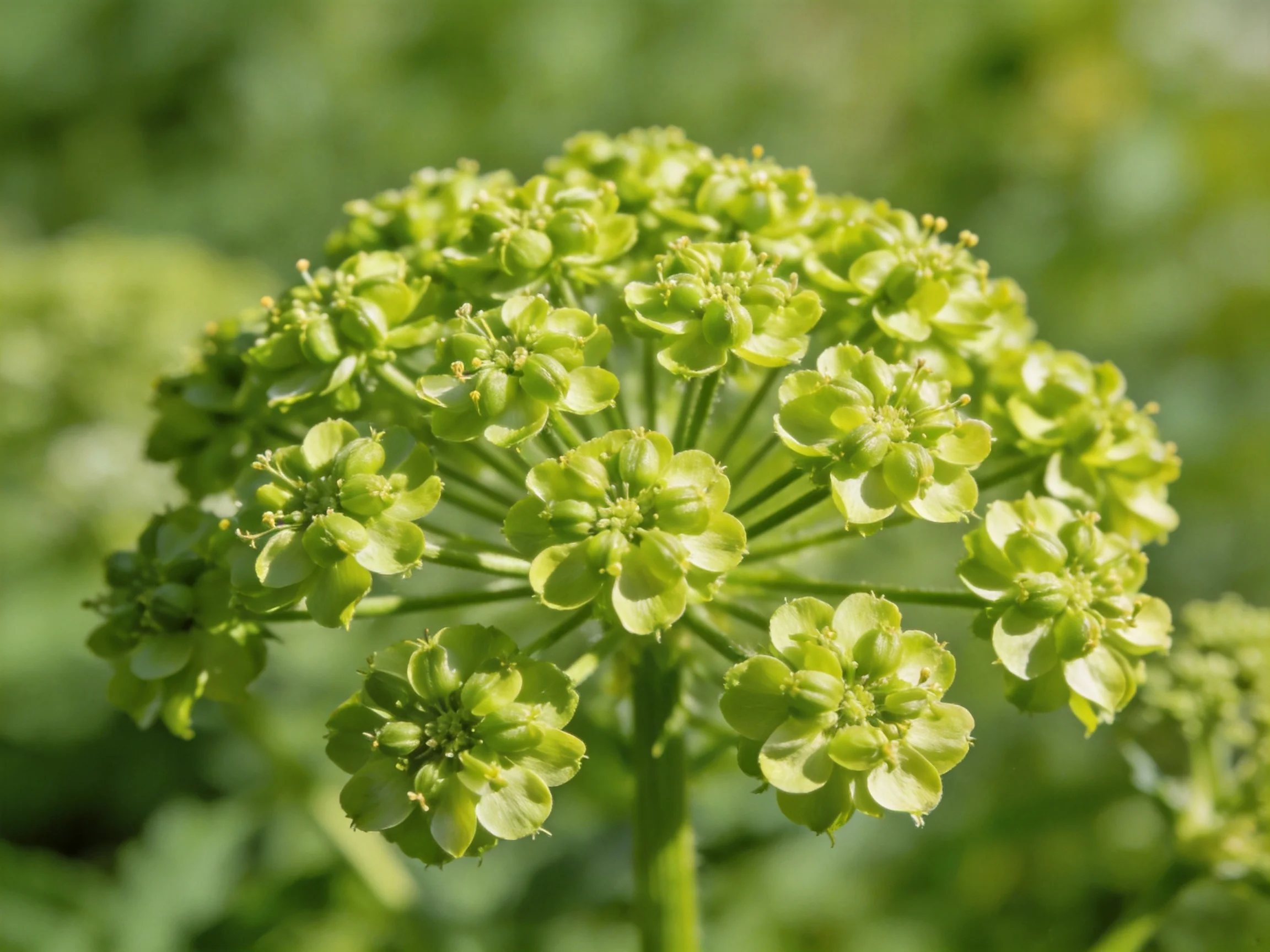 A cluster of small green umbel - shaped flowers with radiating stems