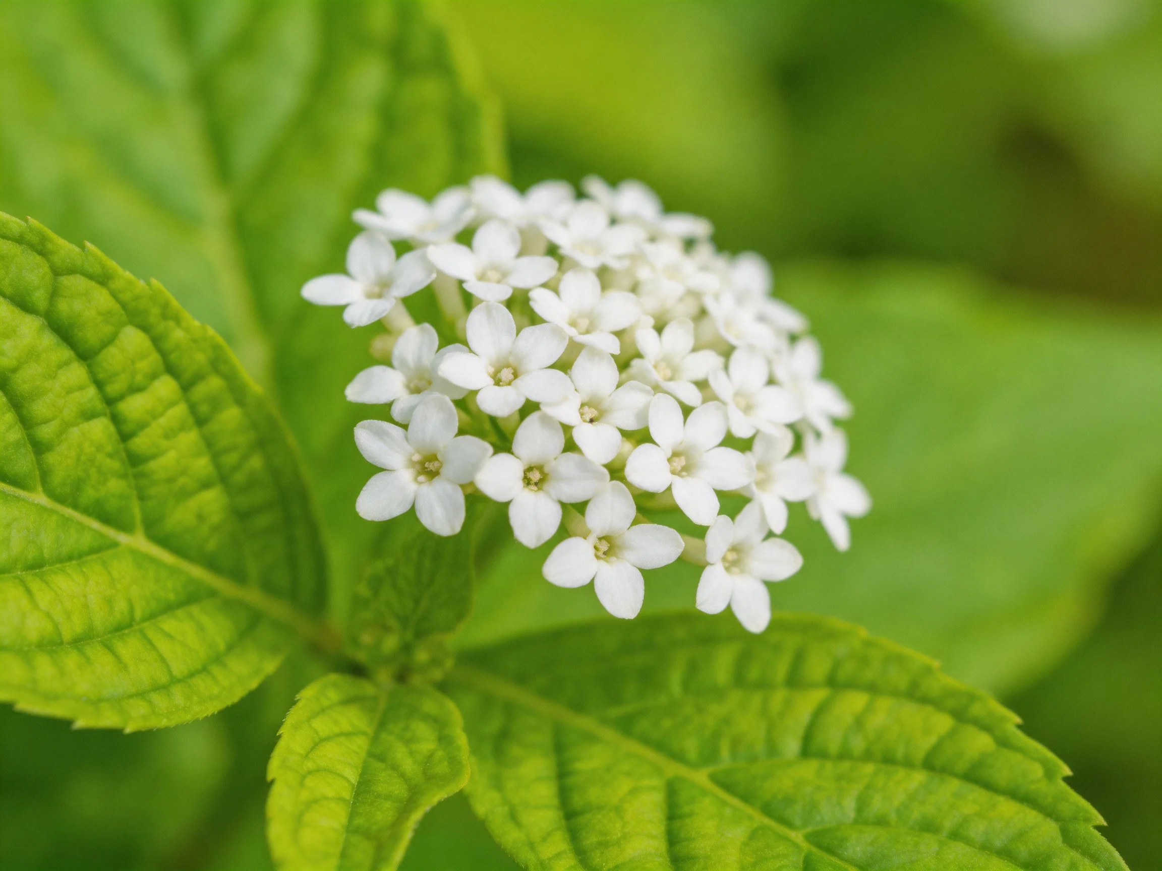 A cluster of small white flowers with vibrant green foliage