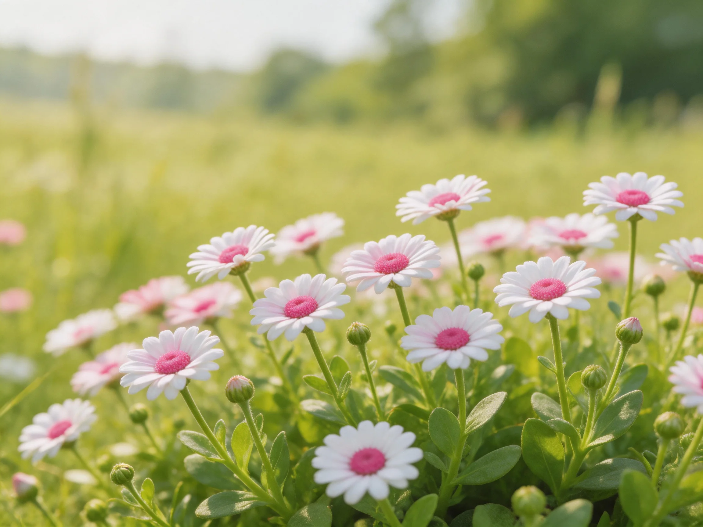 A cluster of small white-pink daisies blooms in a sunlit meadow