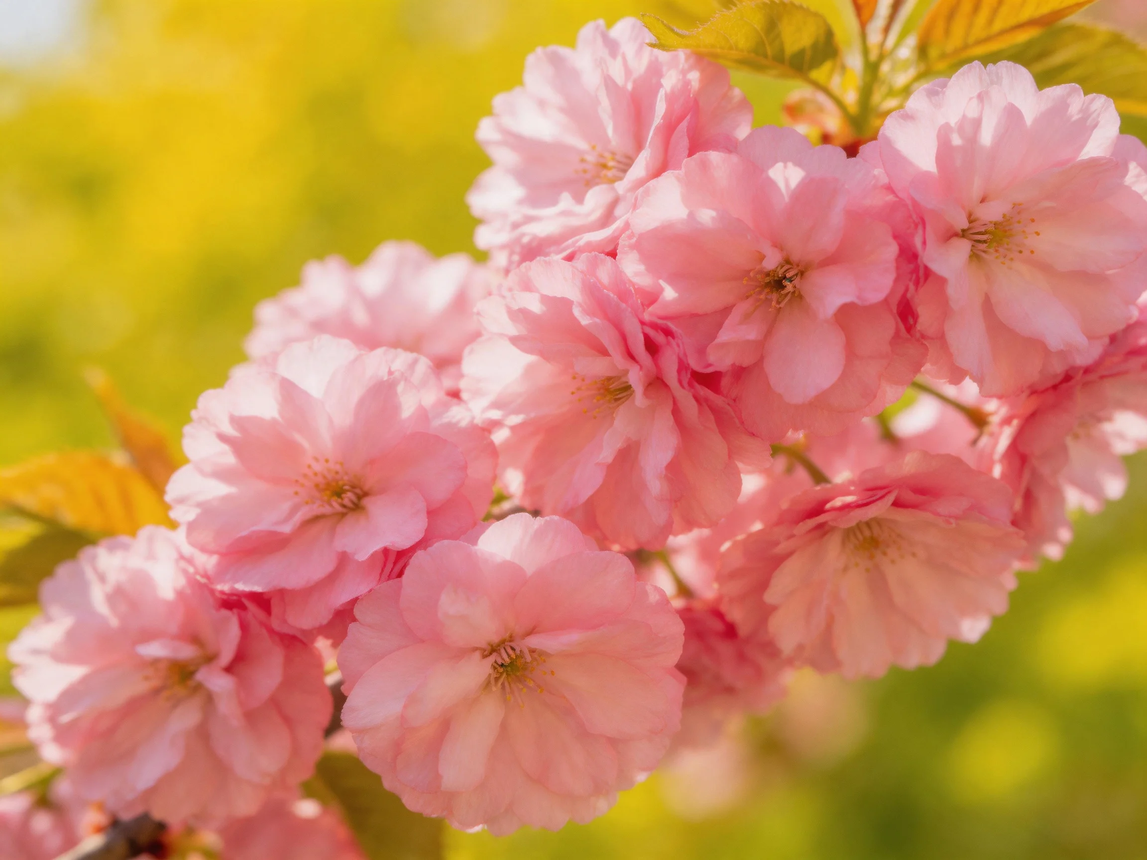 A cluster of soft pink cherry blossoms against a sunny yellow-green backdrop