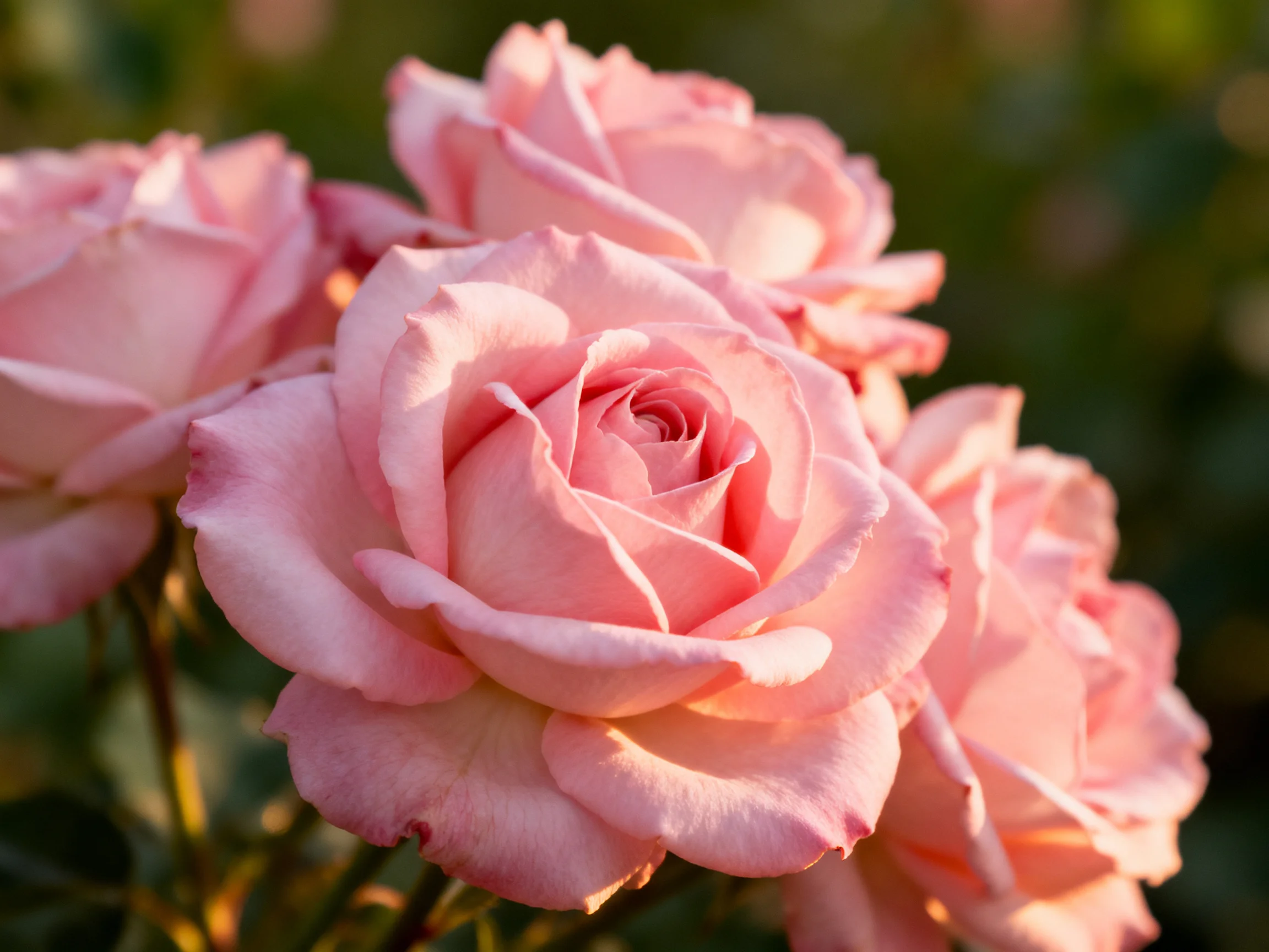 A cluster of soft pink roses bathed in warm sunlight