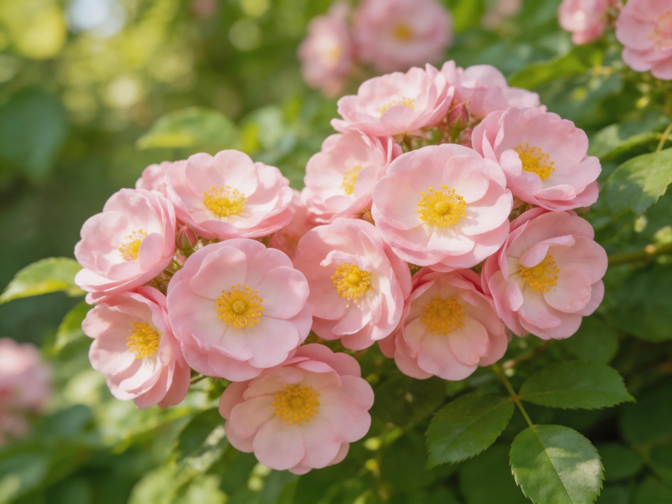 A cluster of soft pink roses blooms among lush green foliage