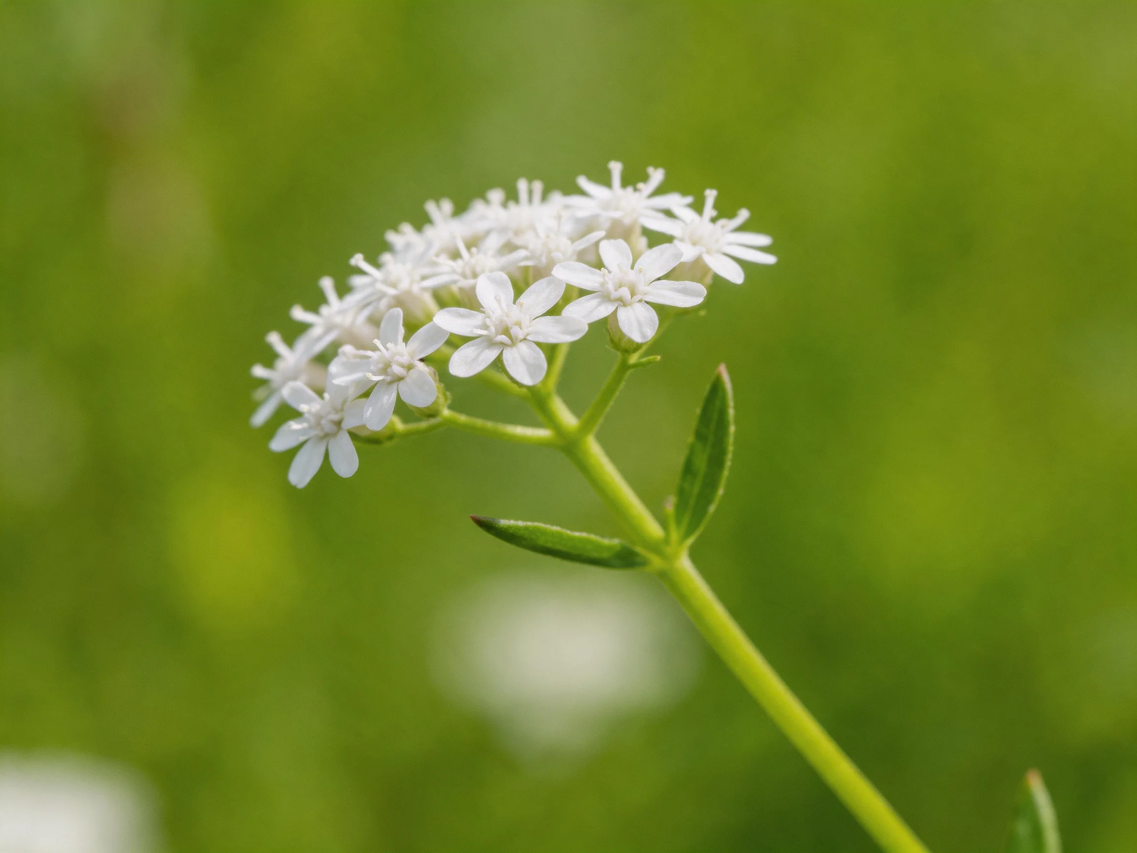 A cluster of tiny white flowers on a slender green stem