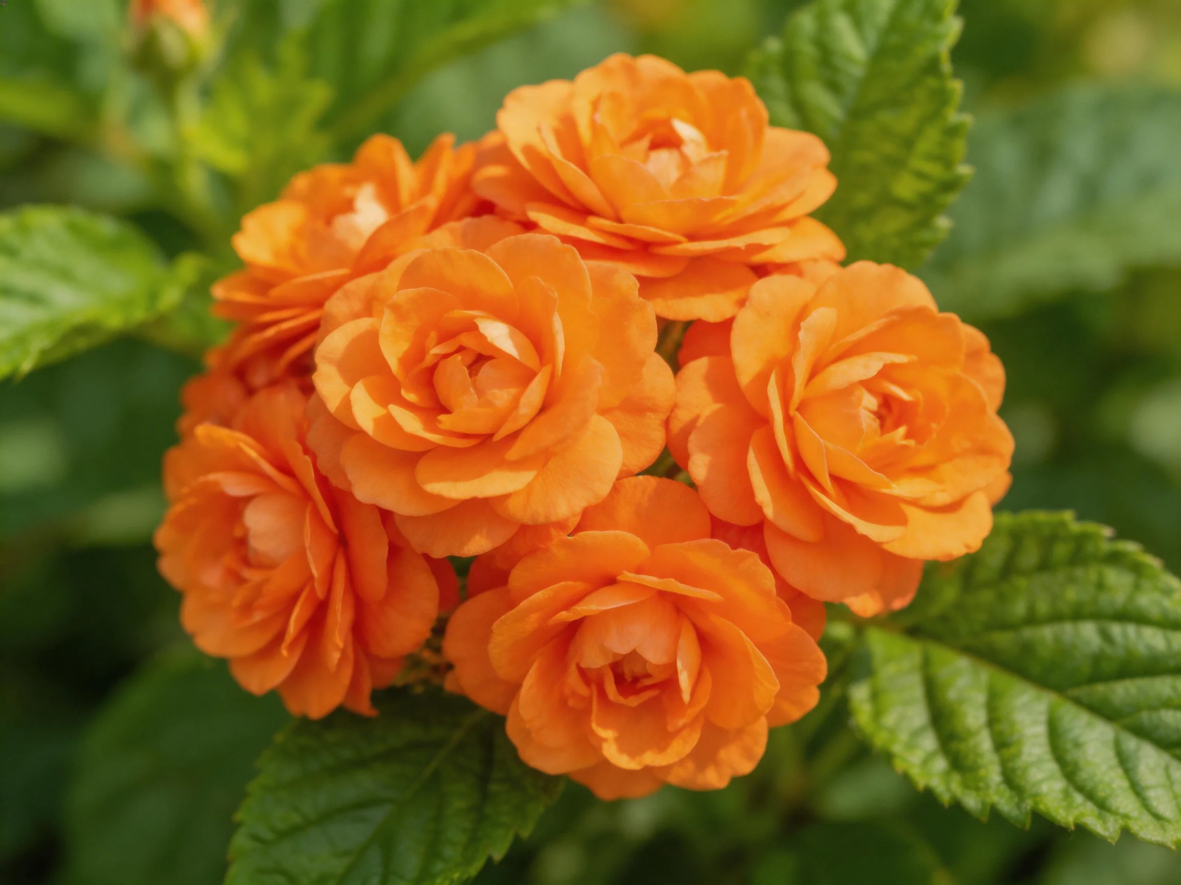 A cluster of vibrant orange roses amid lush green foliage