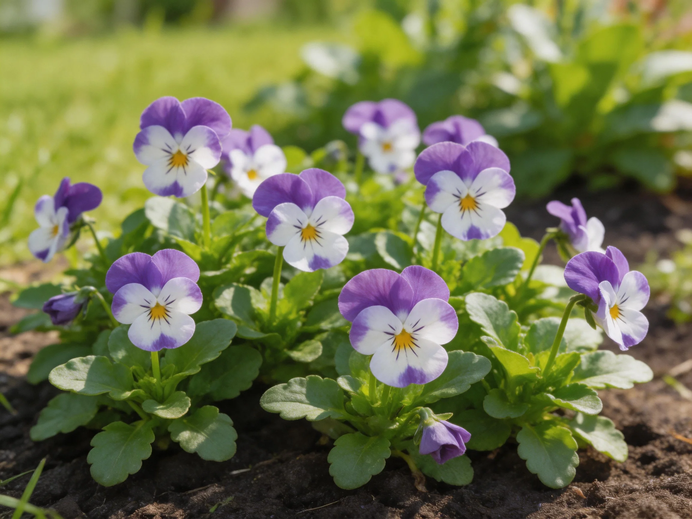 A cluster of vibrant purple and white pansies blooms in a garden bed