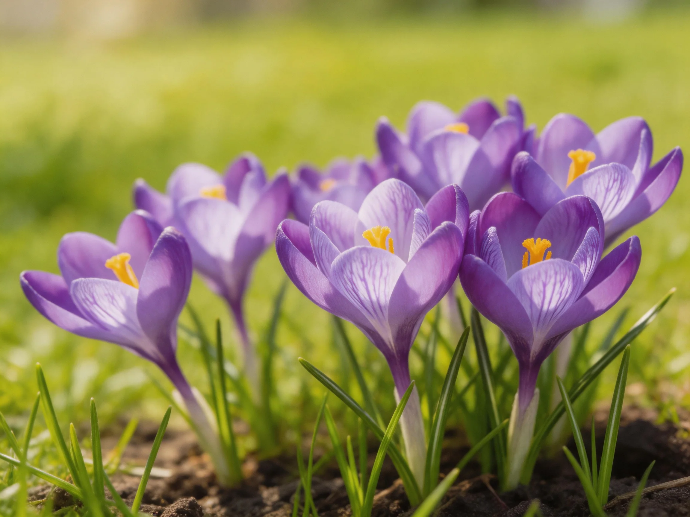 A cluster of vibrant purple crocus blooms in a sunlit meadow