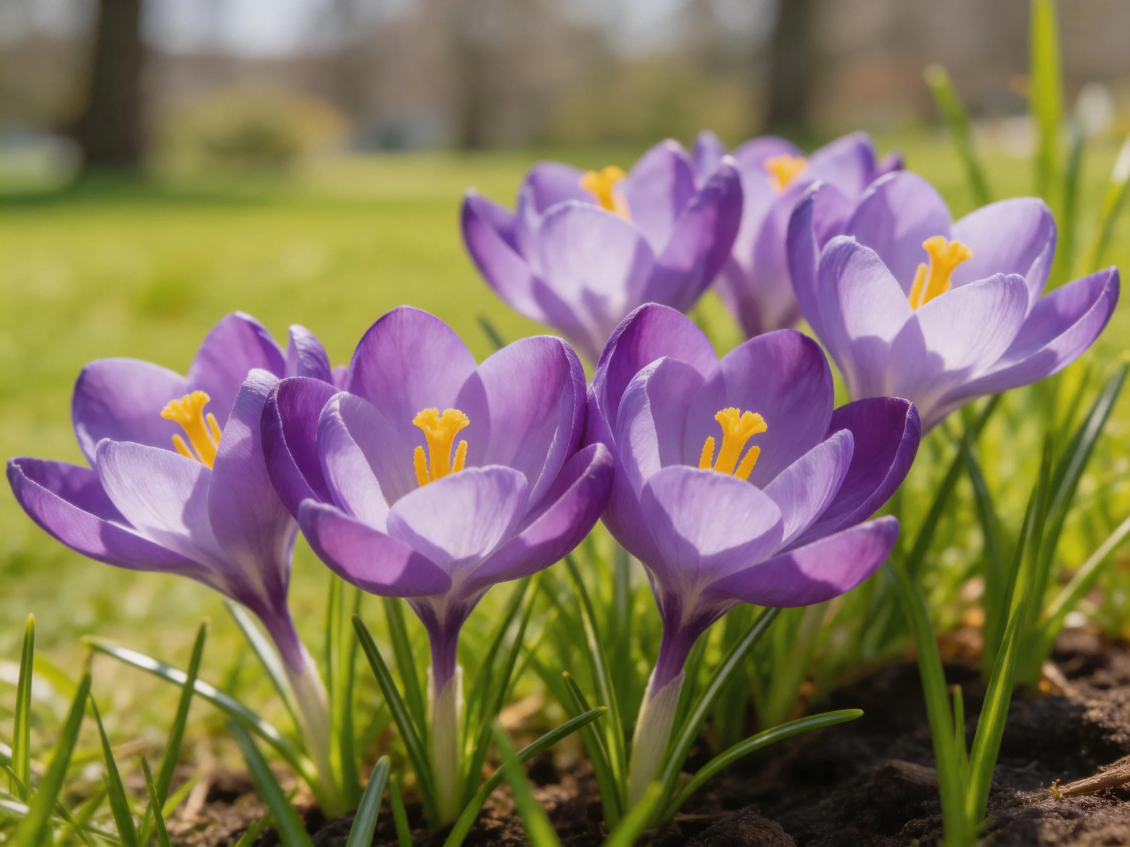 A cluster of vibrant purple crocus flowers with bright yellow stamens