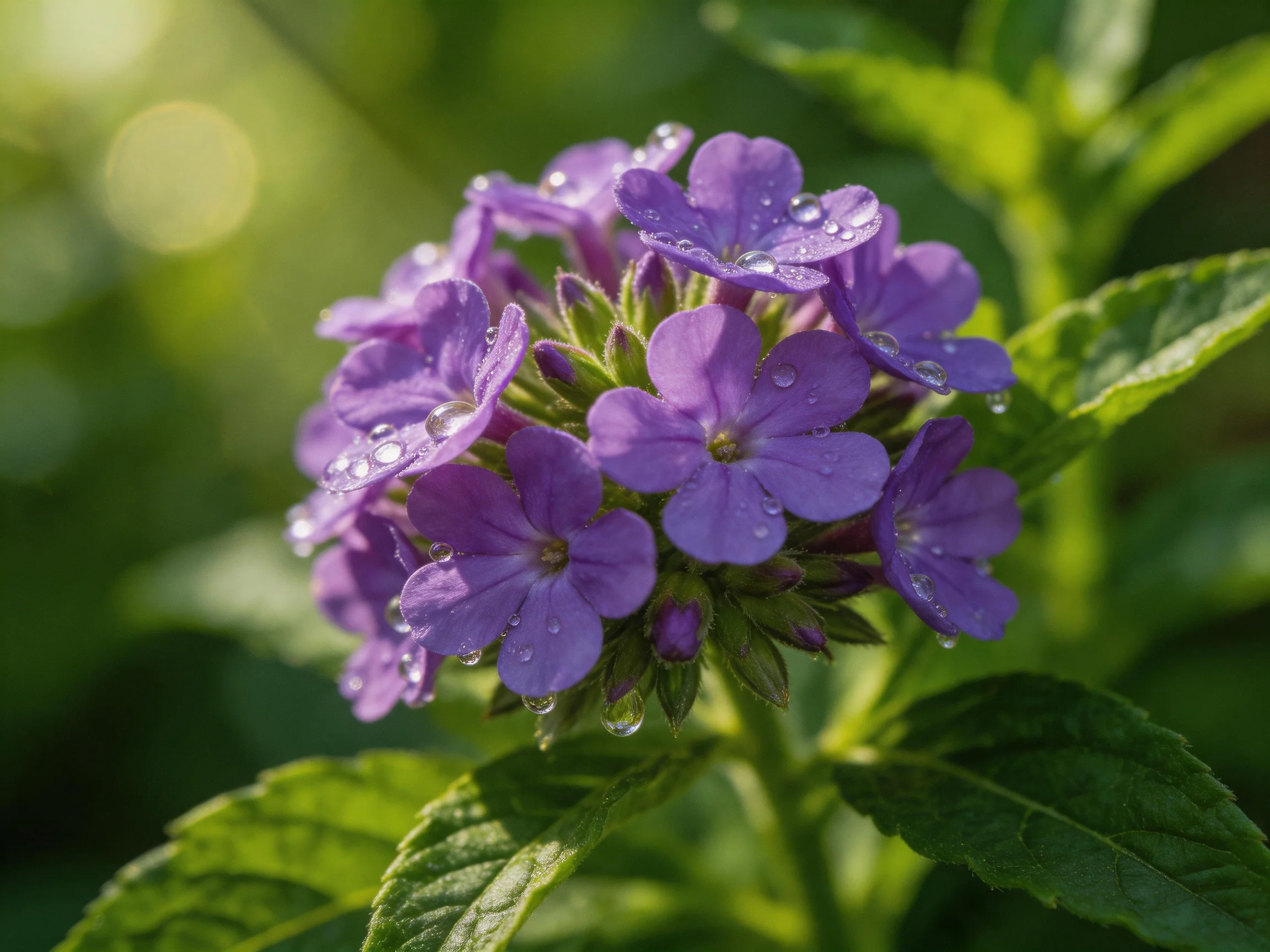 A cluster of vibrant purple flowers with water droplets, surrounded by green leaves