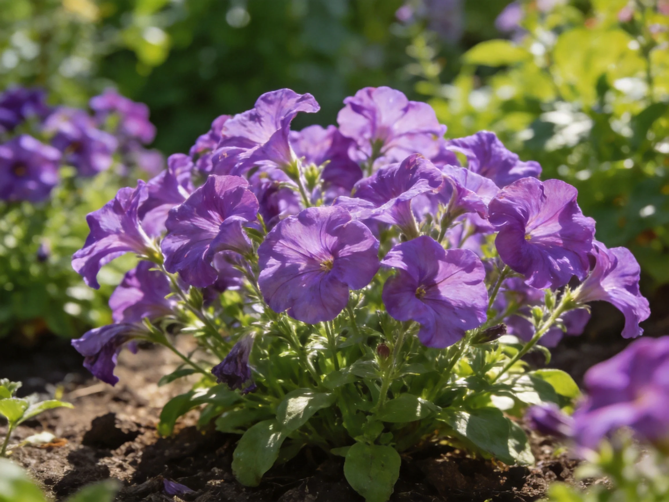 A cluster of vibrant purple petunias blooms in a sunlit garden bed