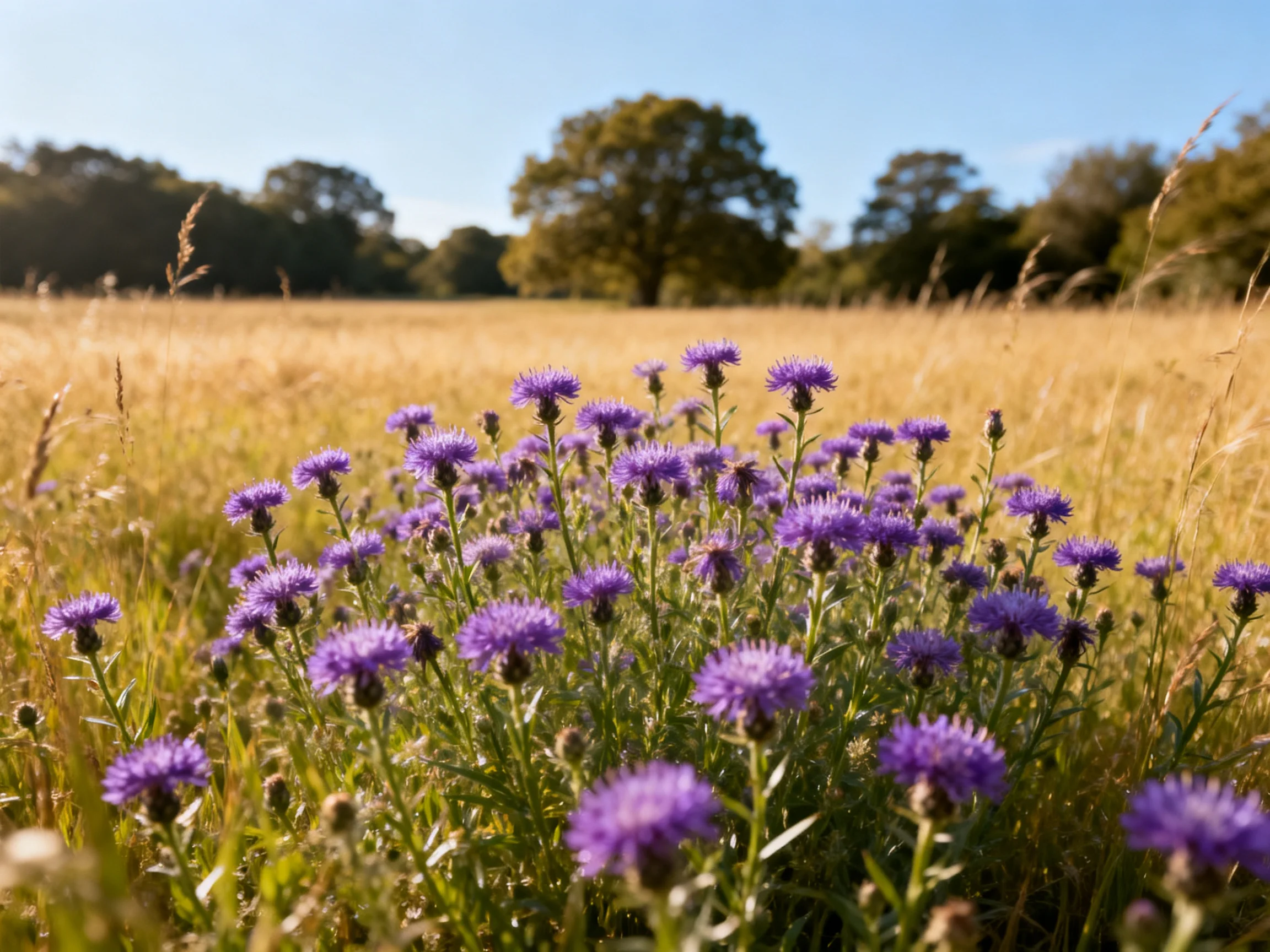 A cluster of vibrant purple wildflowers in a sunlit golden meadow