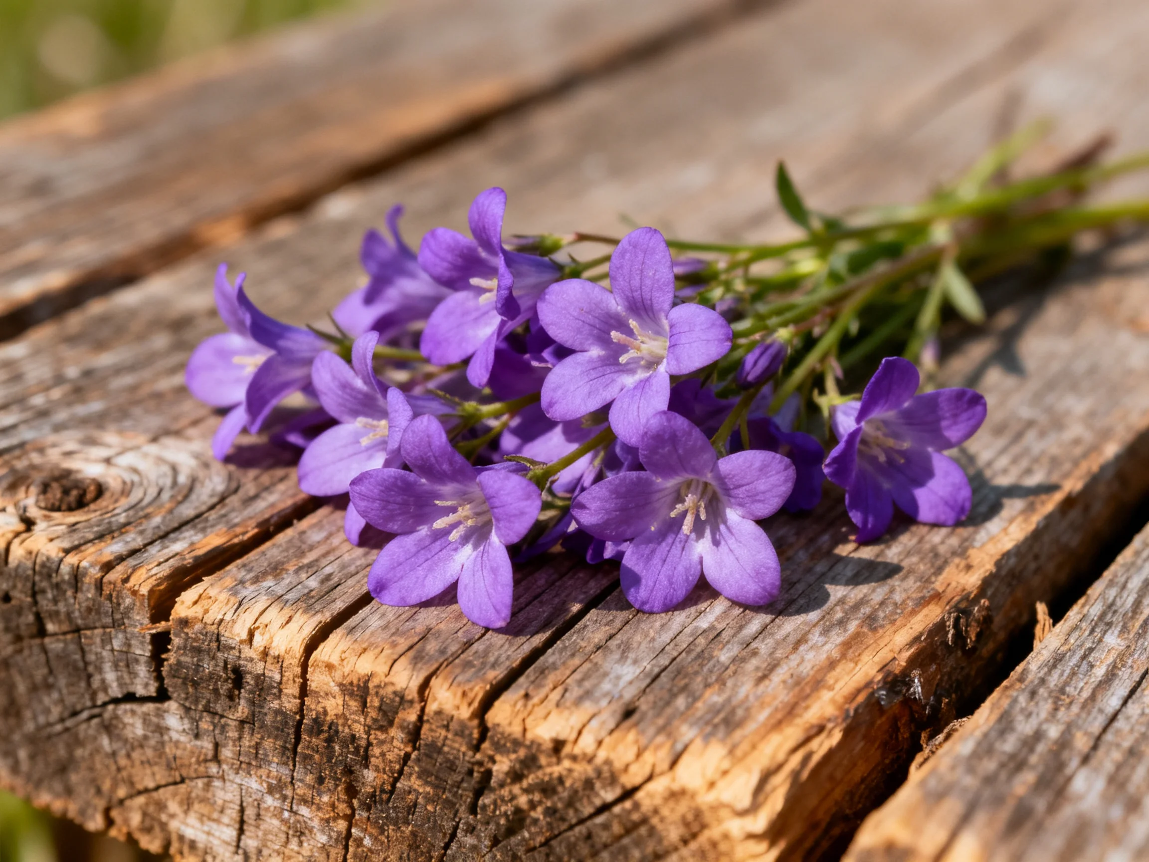 A cluster of vibrant purple wildflowers rests on aged wooden planks