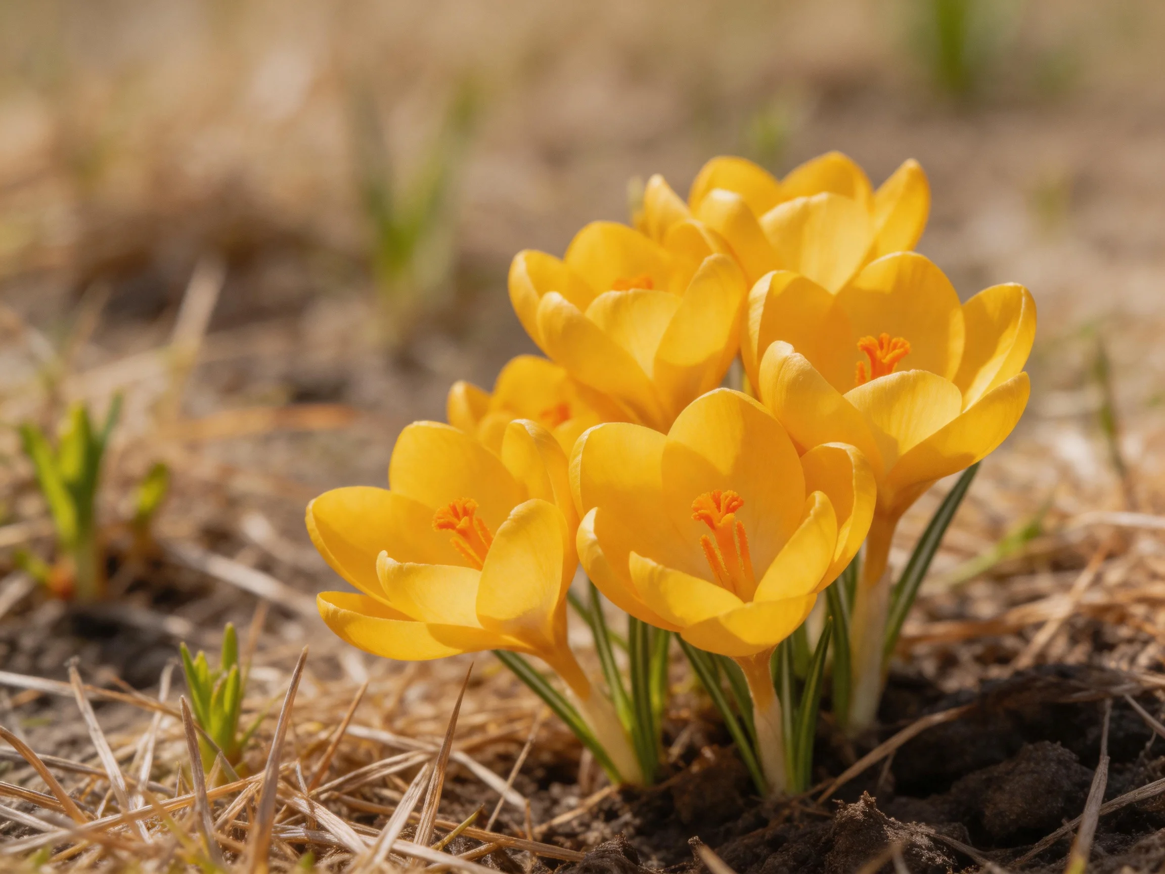 A cluster of vibrant yellow crocus blooms emerging from dry soil