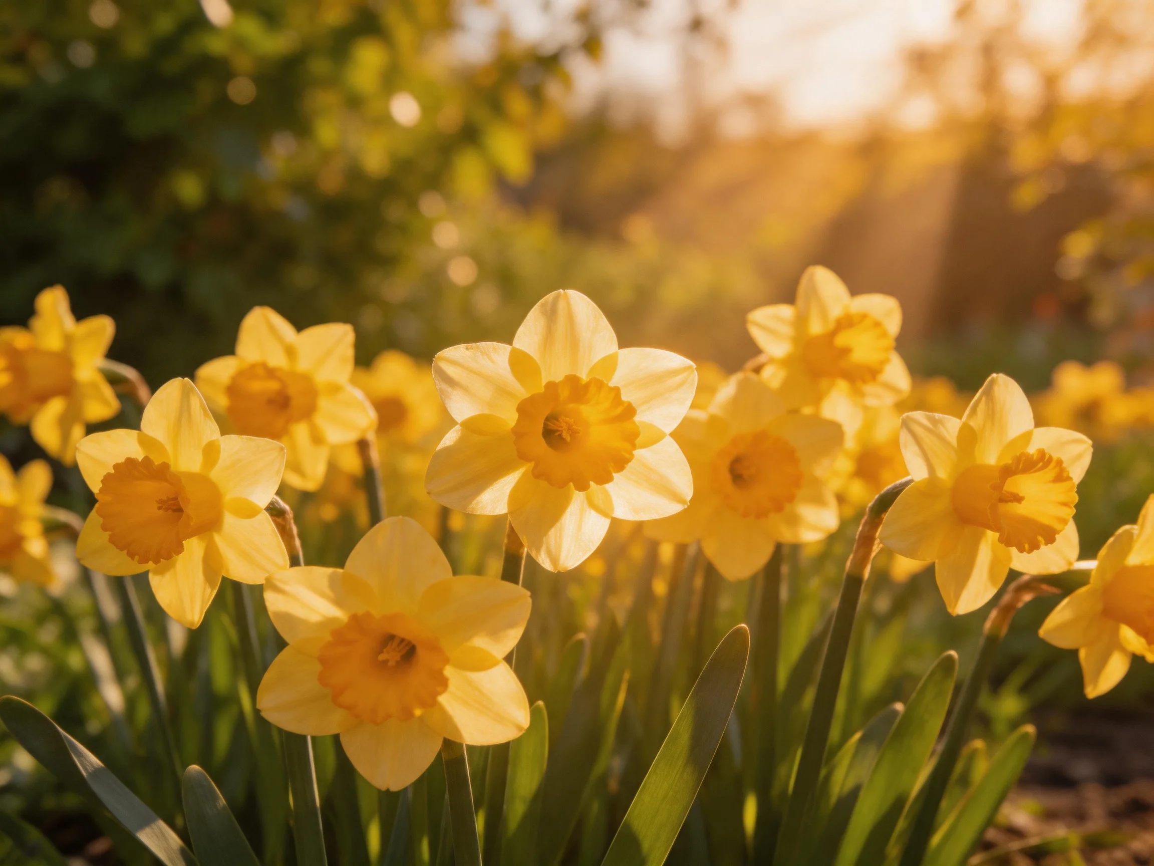A cluster of vibrant yellow daffodils blooming in a sunlit garden
