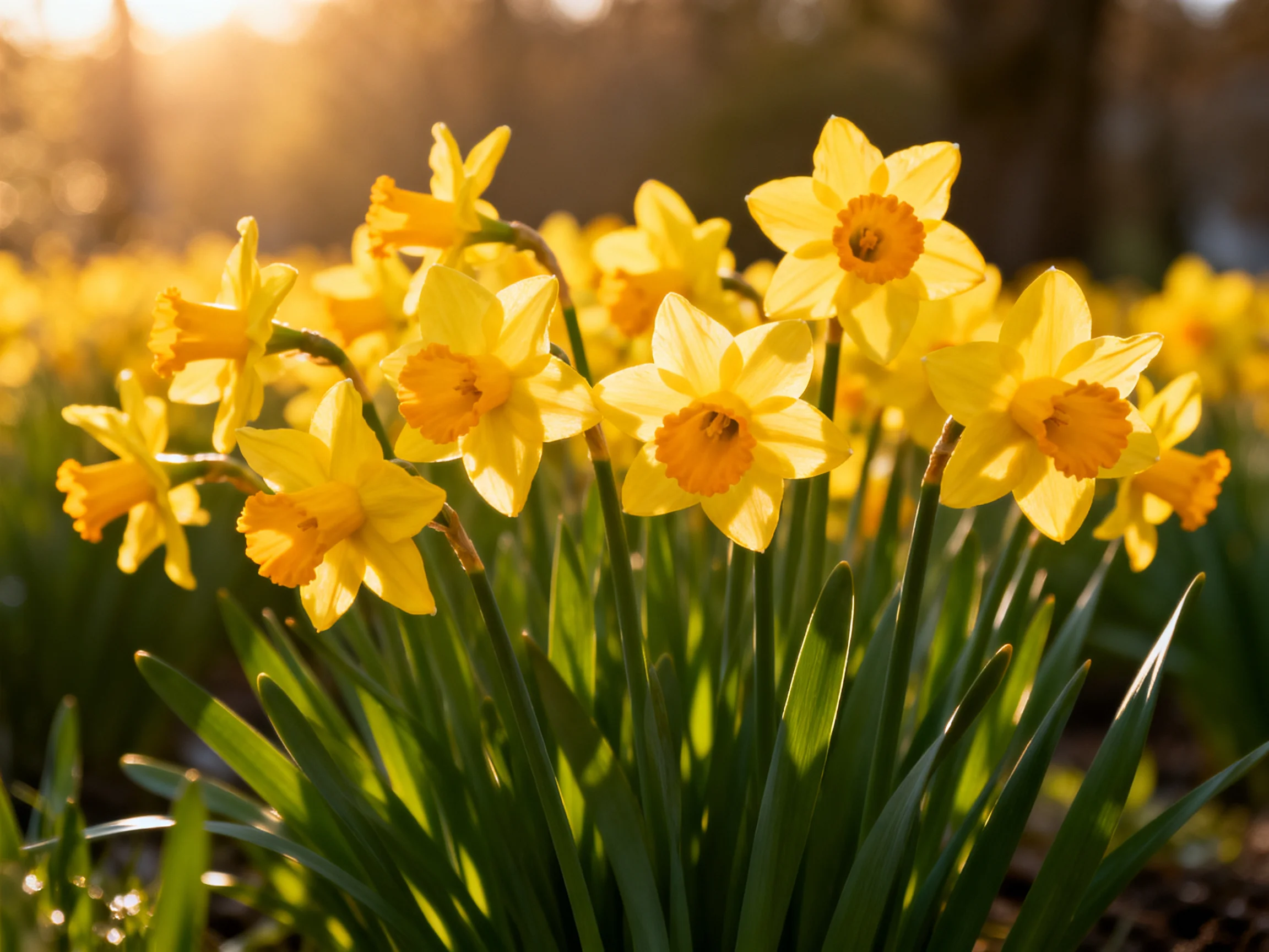 A cluster of vibrant yellow daffodils blooming in sunlight