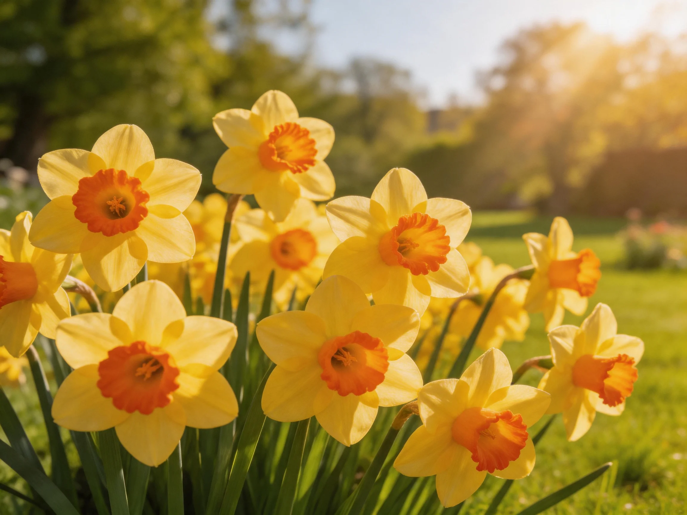 A cluster of vibrant yellow daffodils blooms in a sunlit garden