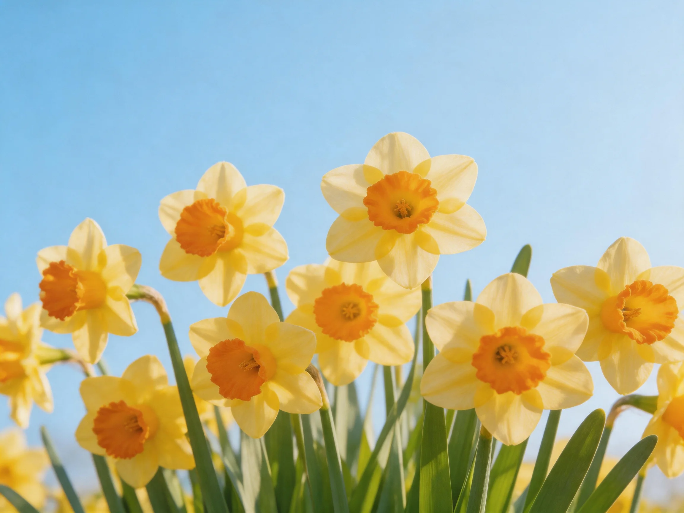 A cluster of vibrant yellow daffodils blooms under a clear blue sky