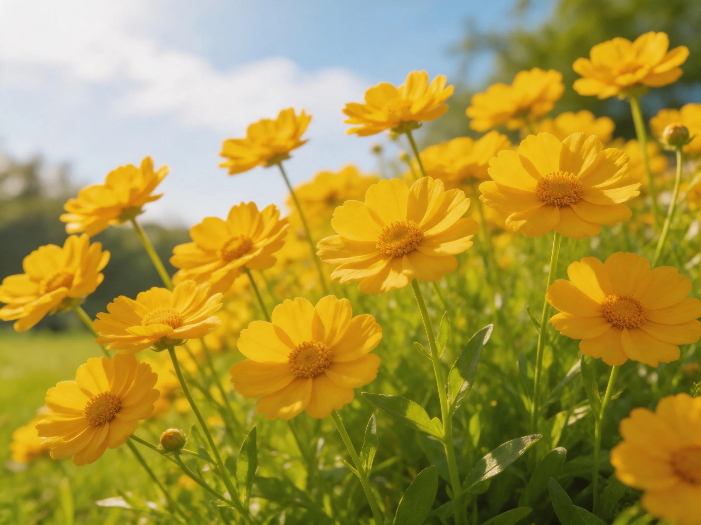 A cluster of vibrant yellow flowers blooms under clear blue skies
