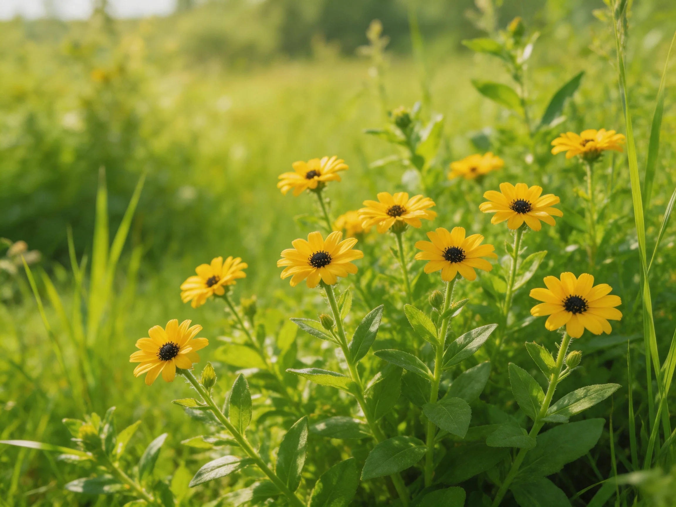 A cluster of vibrant yellow wildflowers grows amid dense green vegetation.