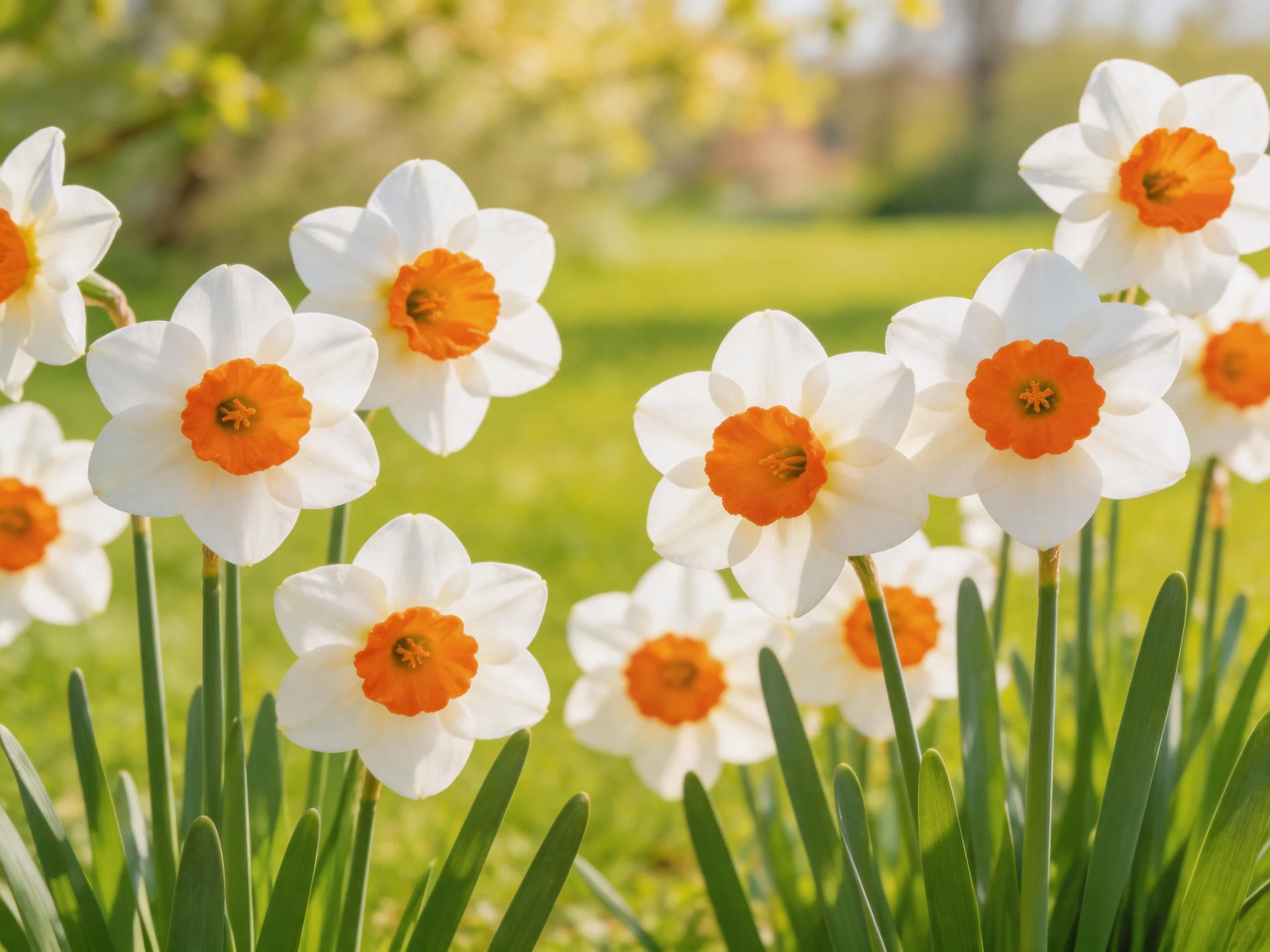 A cluster of white-and-orange daffodils blooms in a sunlit meadow