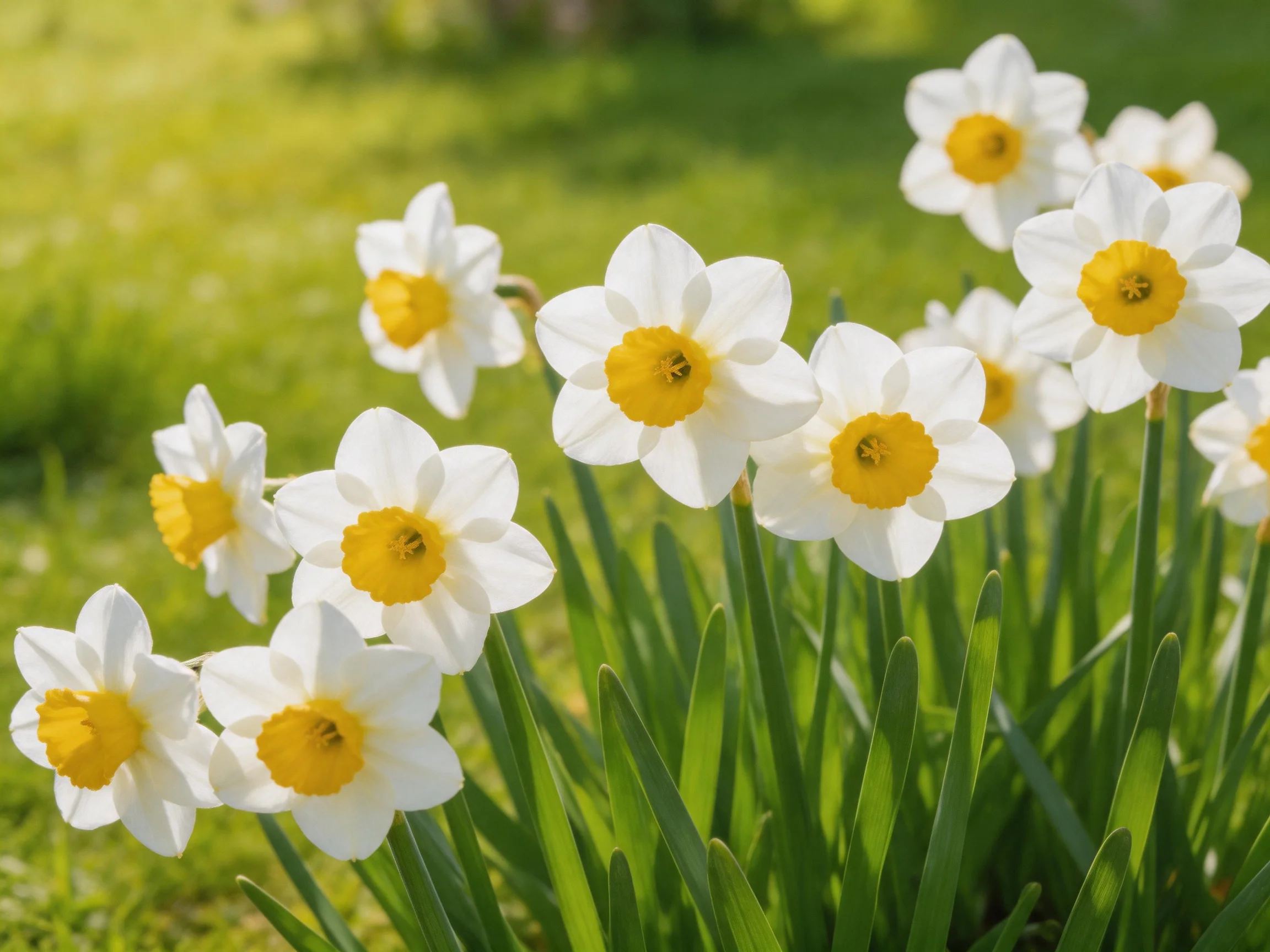 A cluster of white and yellow daffodils blooms among lush green grass