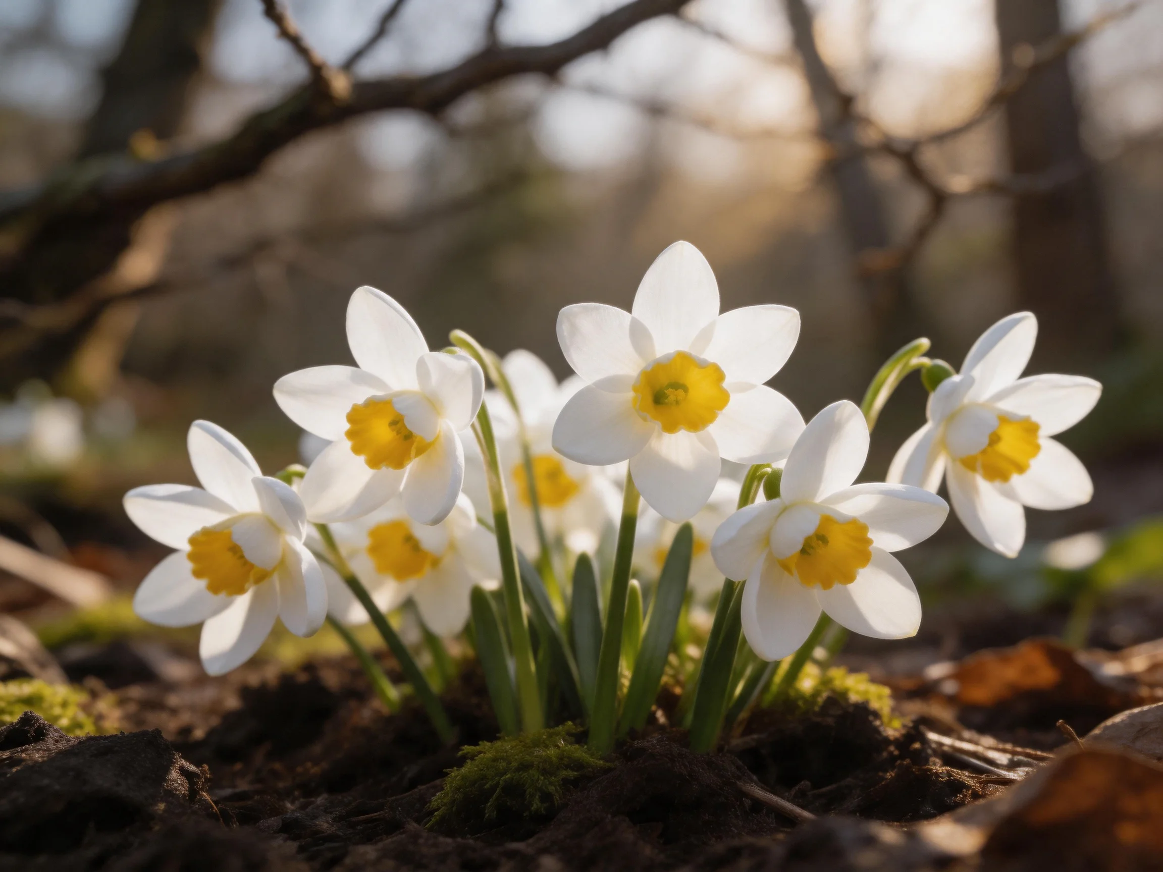 A cluster of white and yellow daffodils blooms in a forest setting