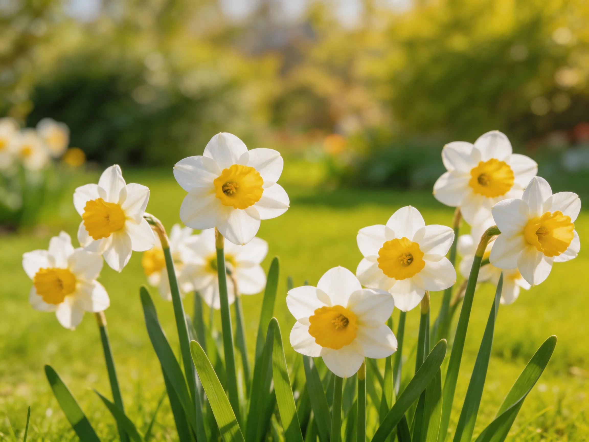 A cluster of white and yellow daffodils blooms in a sunlit garden