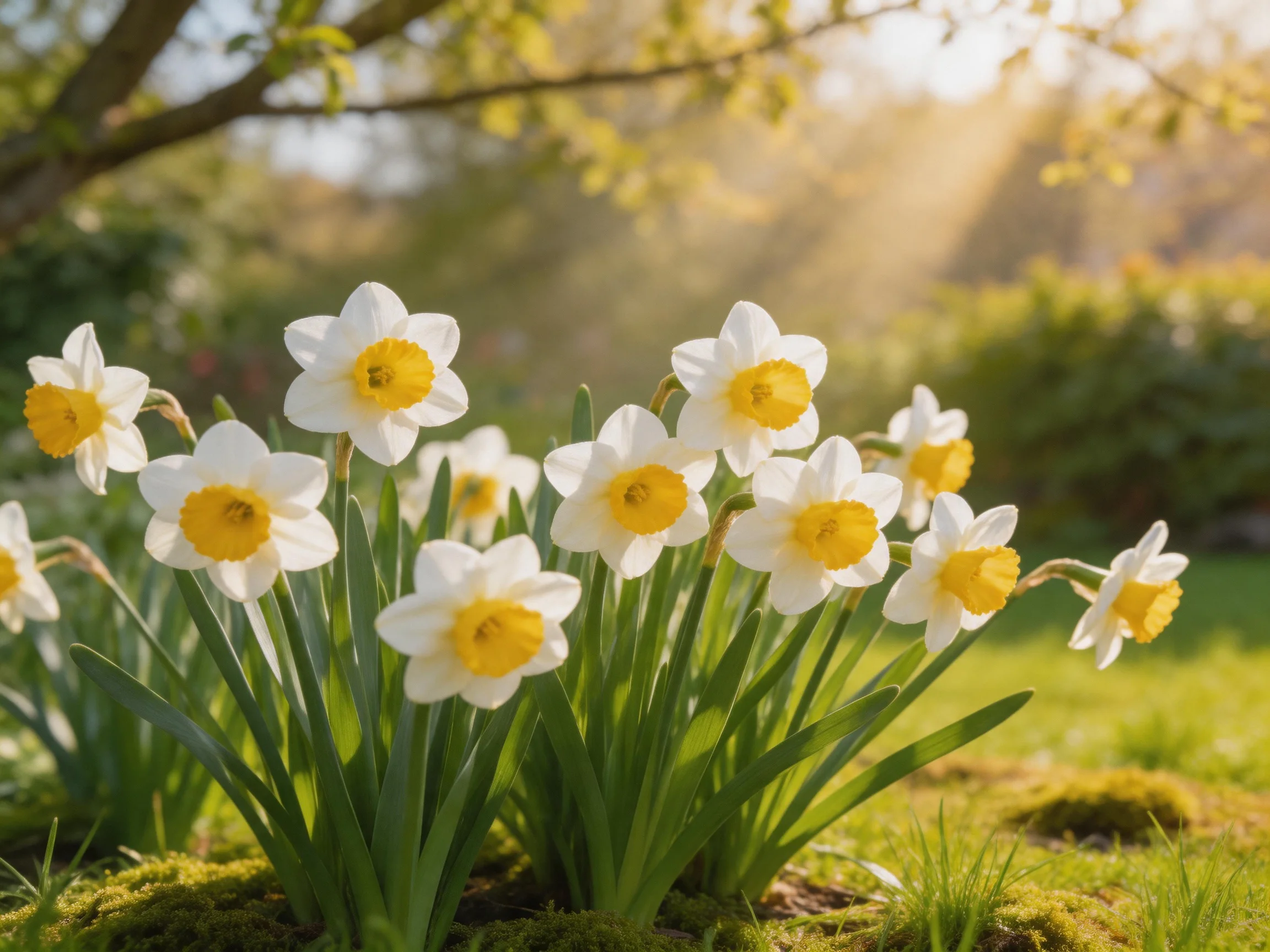 A cluster of white and yellow daffodils blooms in a sunlit garden